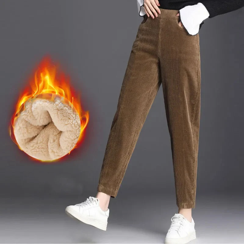 Corduroy High Waist Women's Cotton Pants Fleece Lined Thick Warm Trousers Women 2025 Winter Pockets Solid Color Pants for Woman