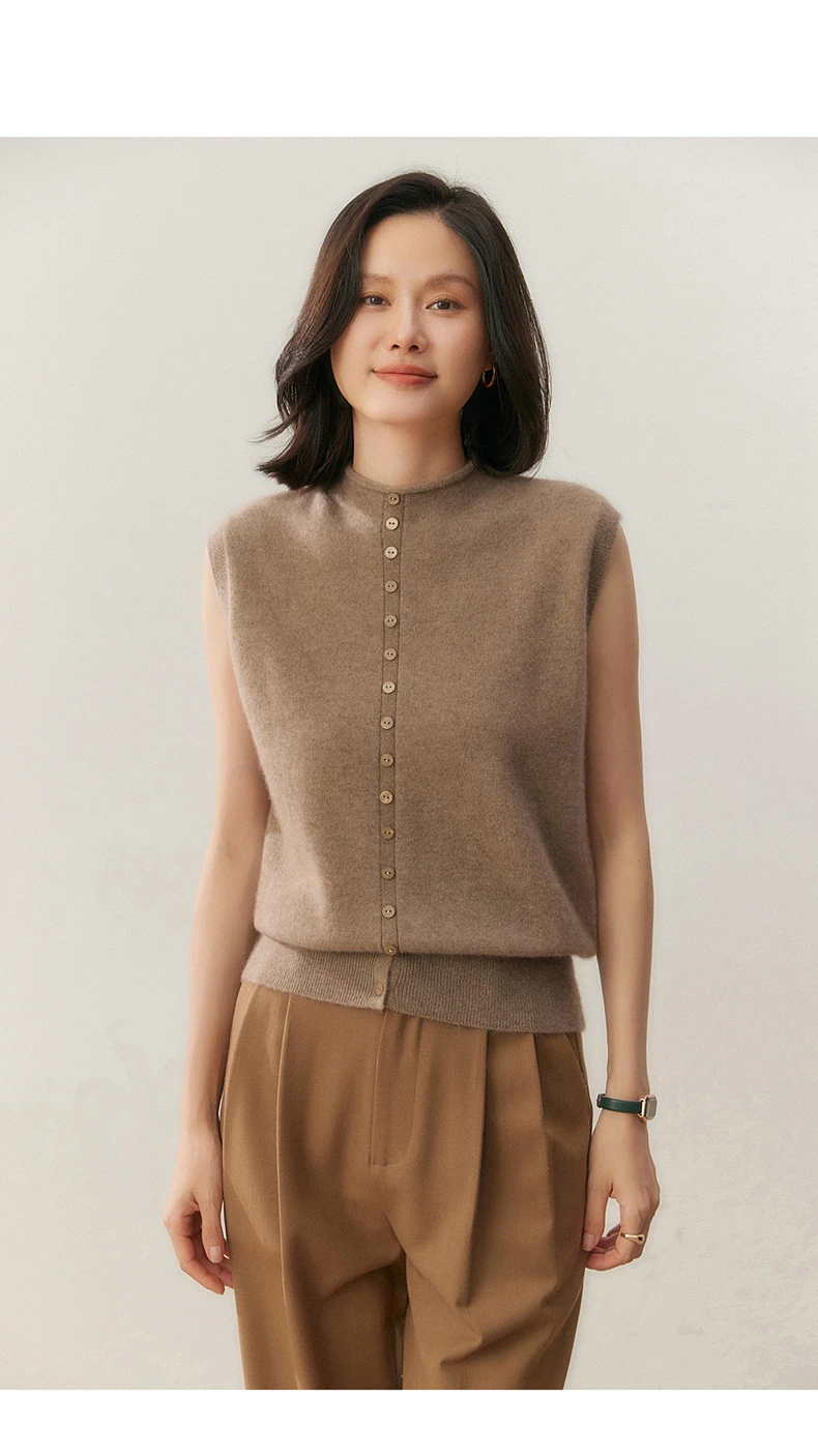 100% Pure Cashmere Pullover Vest Autumn Women's Casual Solid Knitted Sleeveless Sweater Half High Collar Single Breasted Tops