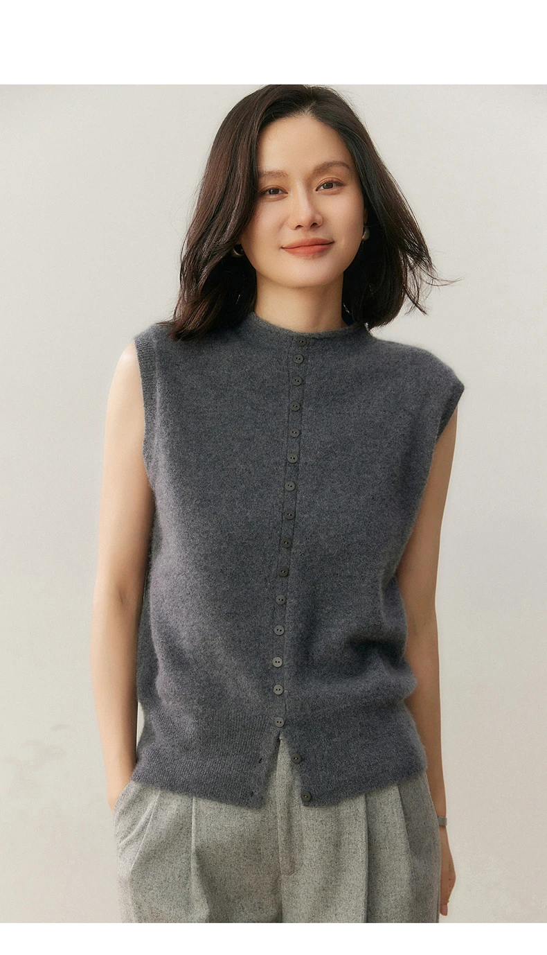100% Pure Cashmere Pullover Vest Autumn Women's Casual Solid Knitted Sleeveless Sweater Half High Collar Single Breasted Tops