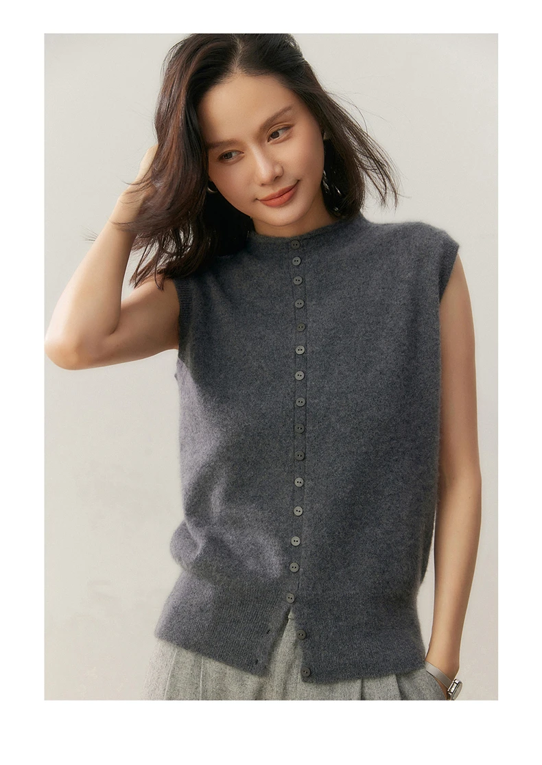 100% Pure Cashmere Pullover Vest Autumn Women's Casual Solid Knitted Sleeveless Sweater Half High Collar Single Breasted Tops