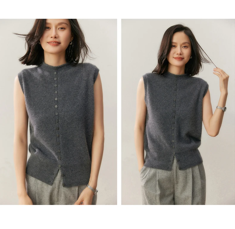 100% Pure Cashmere Pullover Vest Autumn Women's Casual Solid Knitted Sleeveless Sweater Half High Collar Single Breasted Tops