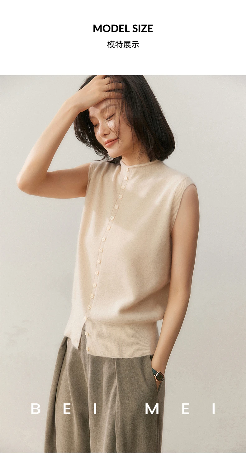 100% Pure Cashmere Pullover Vest Autumn Women's Casual Solid Knitted Sleeveless Sweater Half High Collar Single Breasted Tops