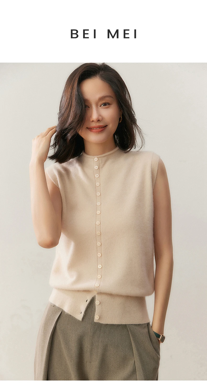100% Pure Cashmere Pullover Vest Autumn Women's Casual Solid Knitted Sleeveless Sweater Half High Collar Single Breasted Tops