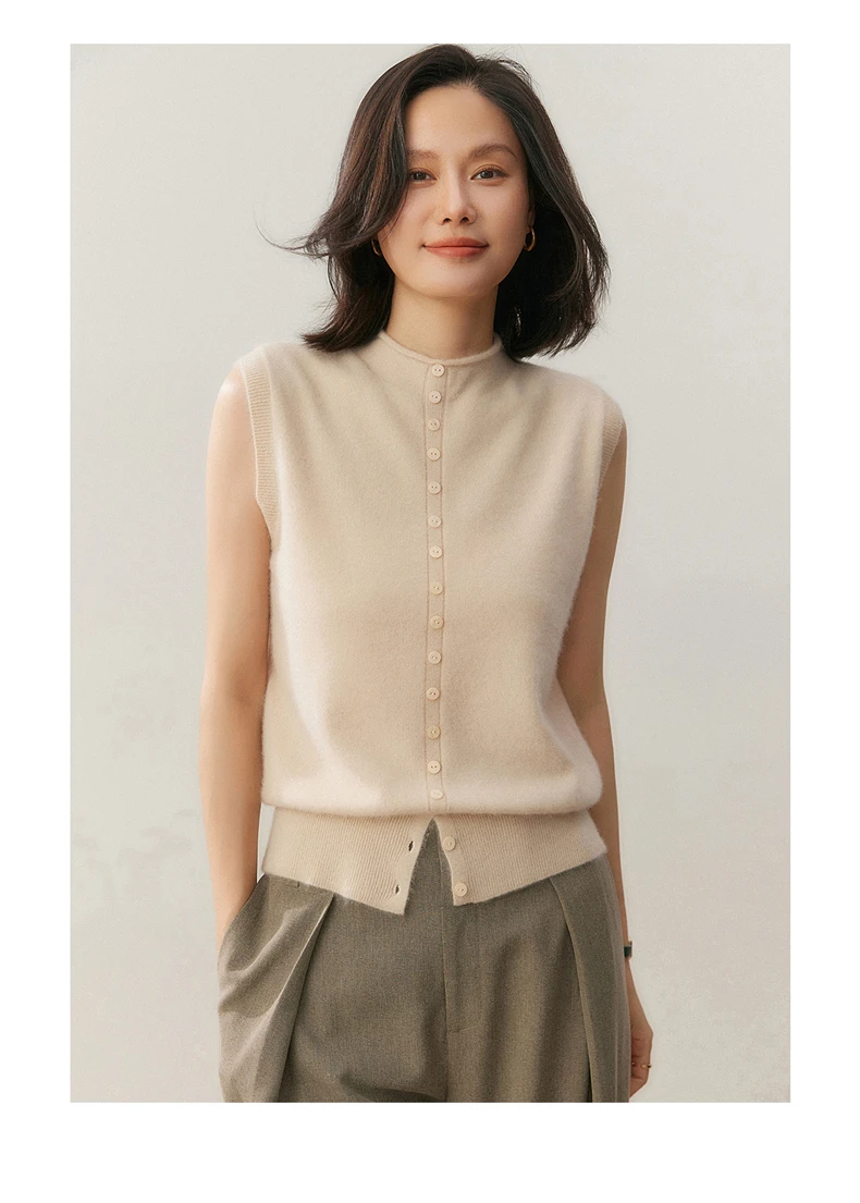 100% Pure Cashmere Pullover Vest Autumn Women's Casual Solid Knitted Sleeveless Sweater Half High Collar Single Breasted Tops