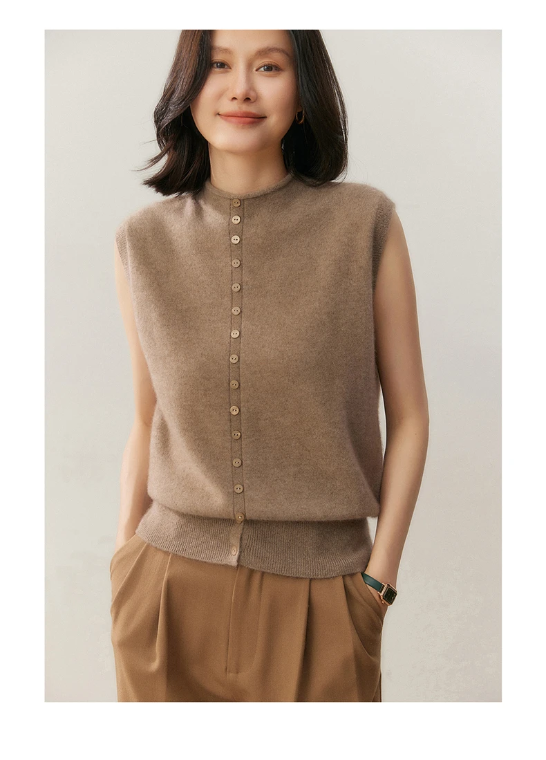 100% Pure Cashmere Pullover Vest Autumn Women's Casual Solid Knitted Sleeveless Sweater Half High Collar Single Breasted Tops