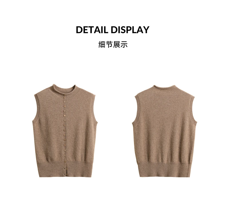 100% Pure Cashmere Pullover Vest Autumn Women's Casual Solid Knitted Sleeveless Sweater Half High Collar Single Breasted Tops