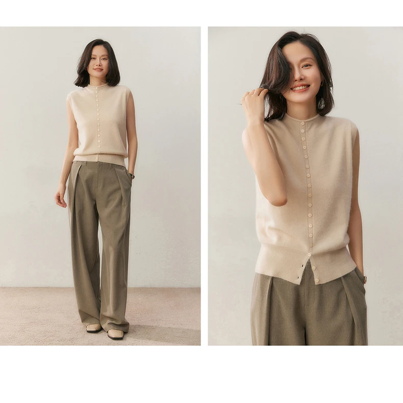 100% Pure Cashmere Pullover Vest Autumn Women's Casual Solid Knitted Sleeveless Sweater Half High Collar Single Breasted Tops