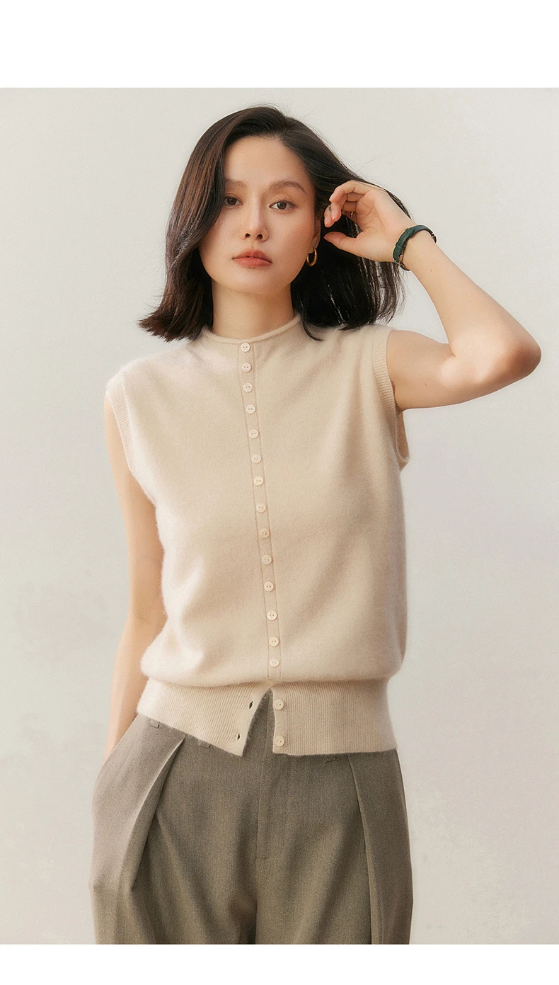 100% Pure Cashmere Pullover Vest Autumn Women's Casual Solid Knitted Sleeveless Sweater Half High Collar Single Breasted Tops