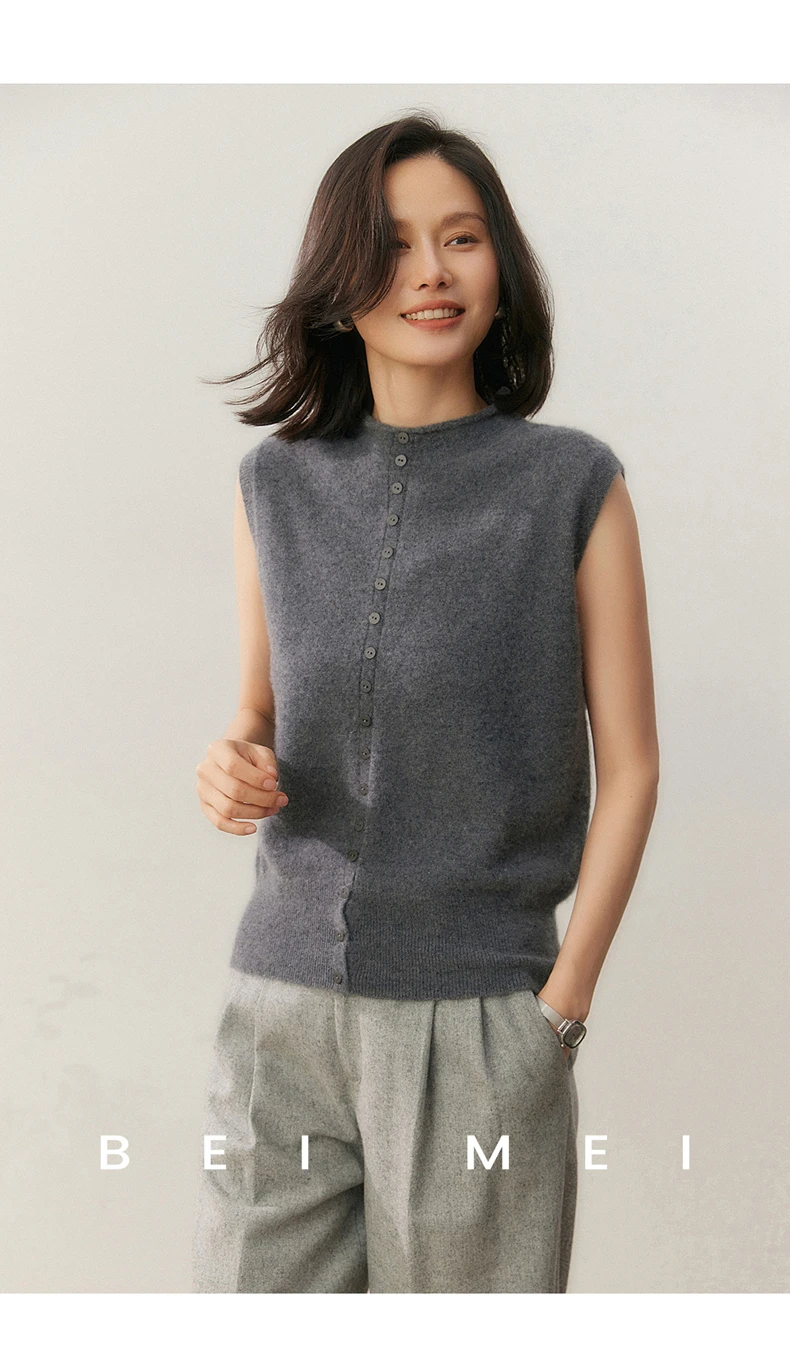 100% Pure Cashmere Pullover Vest Autumn Women's Casual Solid Knitted Sleeveless Sweater Half High Collar Single Breasted Tops