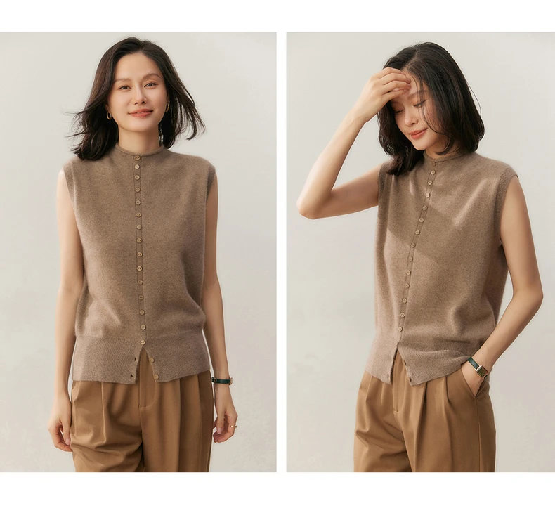 100% Pure Cashmere Pullover Vest Autumn Women's Casual Solid Knitted Sleeveless Sweater Half High Collar Single Breasted Tops