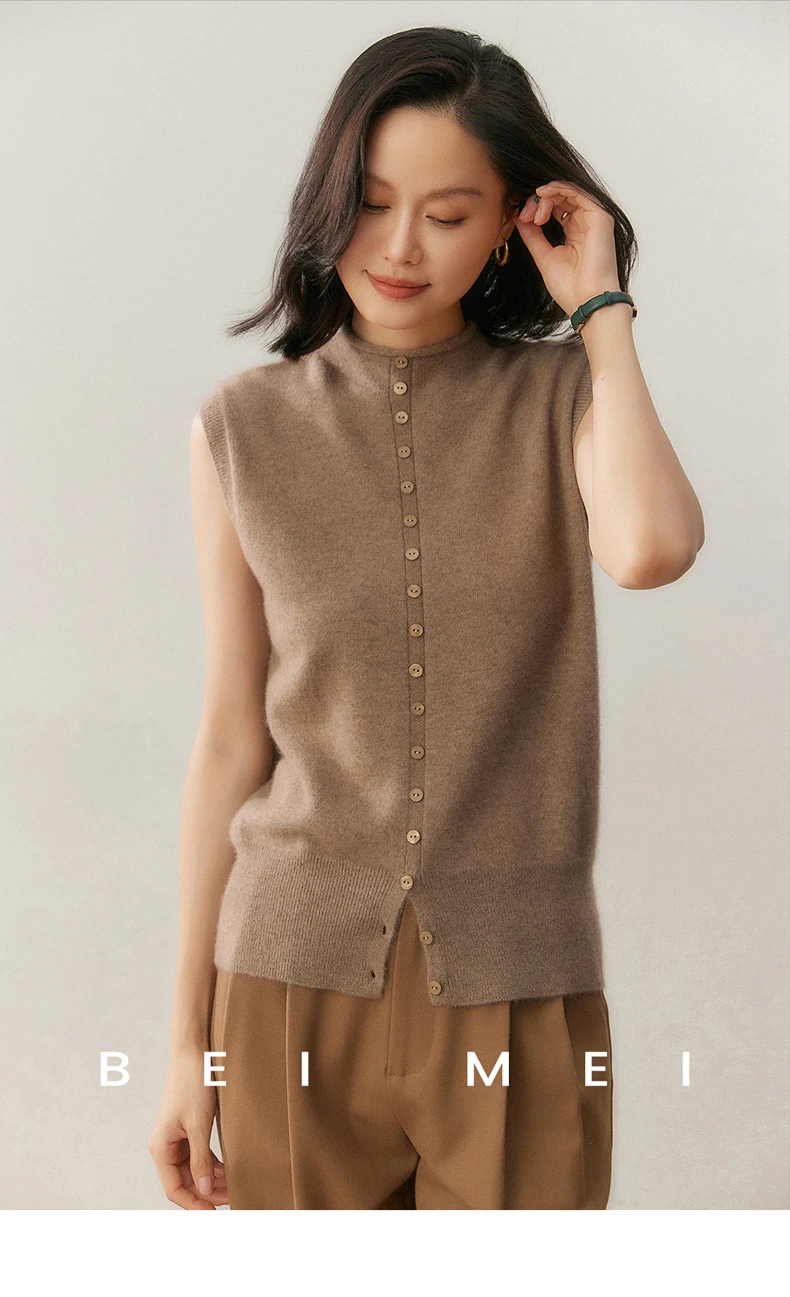 100% Pure Cashmere Pullover Vest Autumn Women's Casual Solid Knitted Sleeveless Sweater Half High Collar Single Breasted Tops