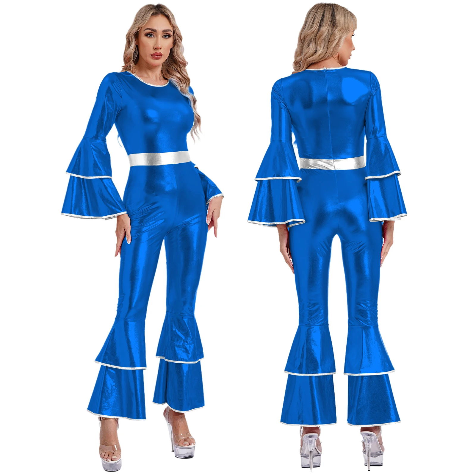 Women Metallic Shiny 70s 80s Hippie Costume Jazz Disco Dance Jumpsuit Sequin Tassels One Shoulder Bell Bottom Bodysuit Rompers