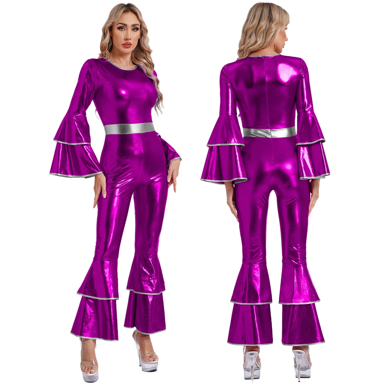 Women Metallic Shiny 70s 80s Hippie Costume Jazz Disco Dance Jumpsuit Sequin Tassels One Shoulder Bell Bottom Bodysuit Rompers
