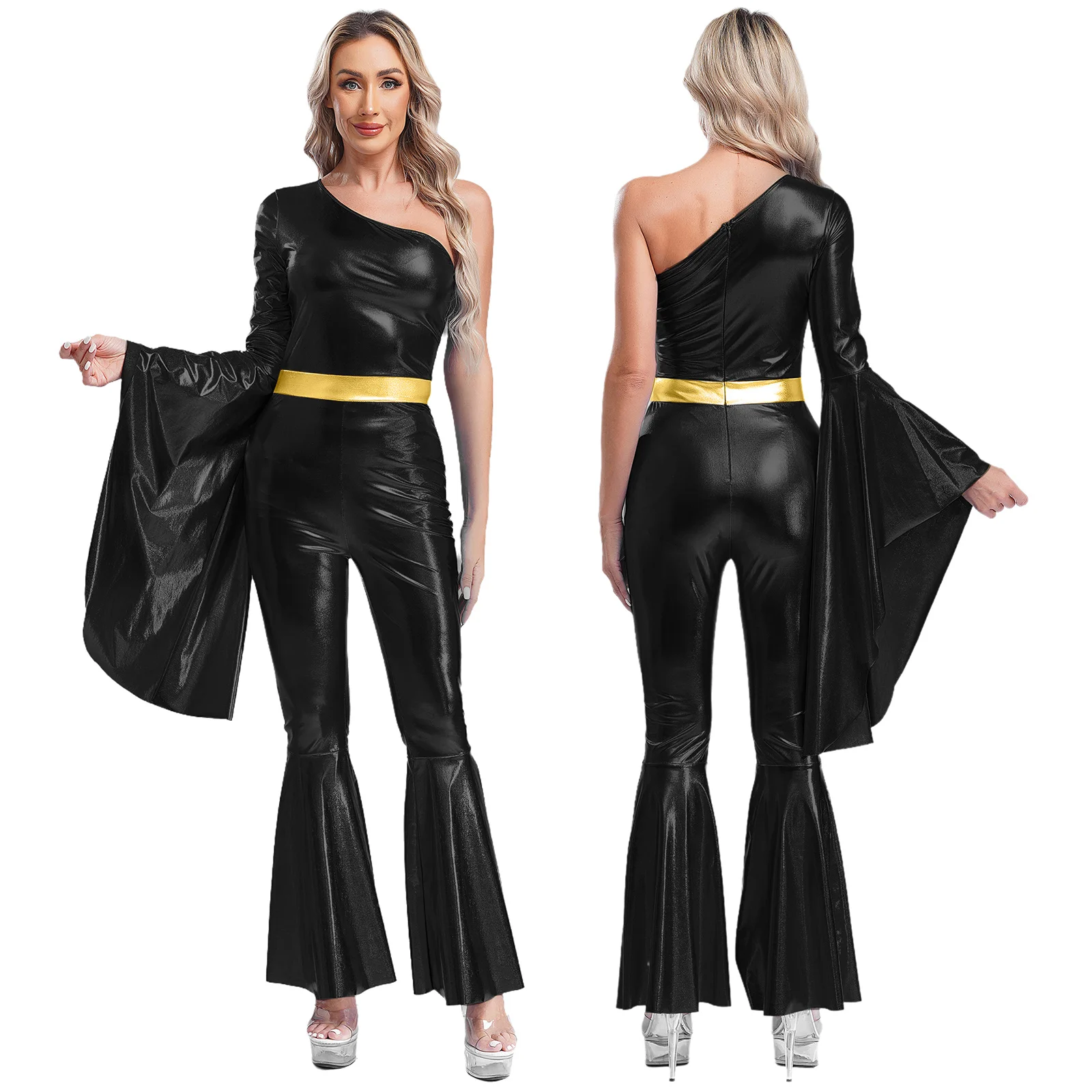 Women Metallic Shiny 70s 80s Hippie Costume Jazz Disco Dance Jumpsuit Sequin Tassels One Shoulder Bell Bottom Bodysuit Rompers