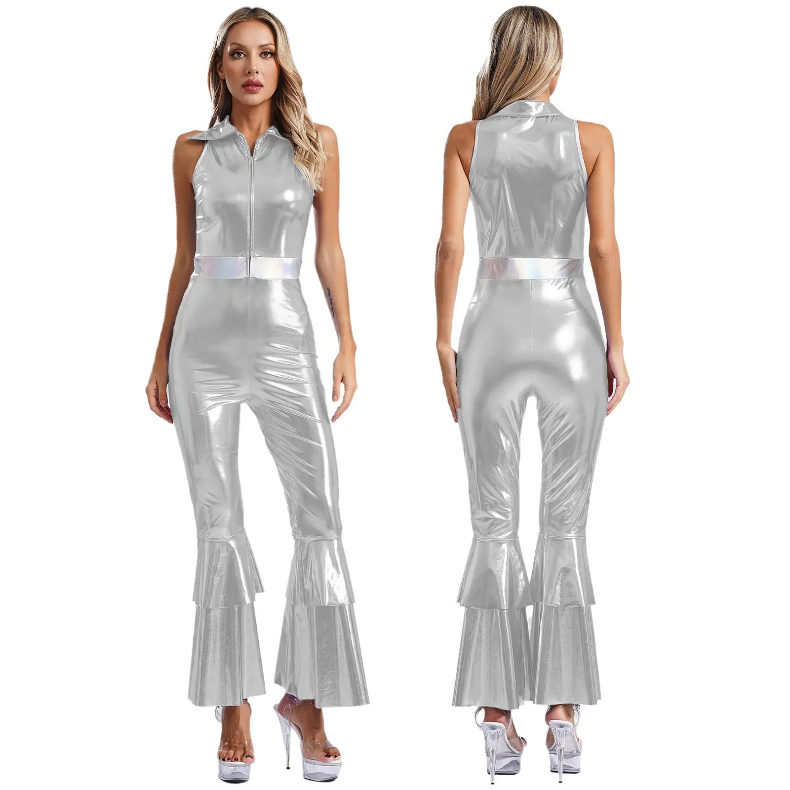 Women Metallic Shiny 70s 80s Hippie Costume Jazz Disco Dance Jumpsuit Sequin Tassels One Shoulder Bell Bottom Bodysuit Rompers