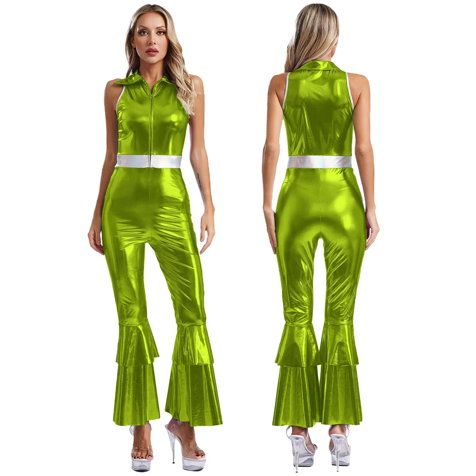 Women Metallic Shiny 70s 80s Hippie Costume Jazz Disco Dance Jumpsuit Sequin Tassels One Shoulder Bell Bottom Bodysuit Rompers