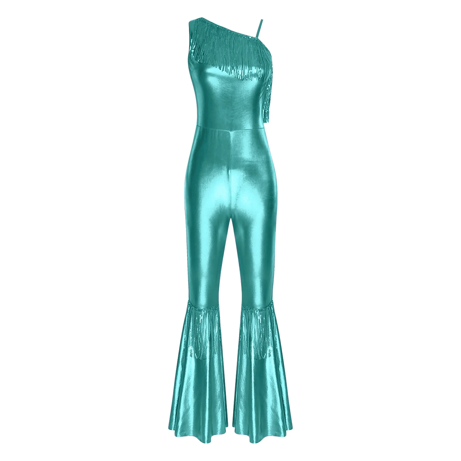 Women Metallic Shiny 70s 80s Hippie Costume Jazz Disco Dance Jumpsuit Sequin Tassels One Shoulder Bell Bottom Bodysuit Rompers