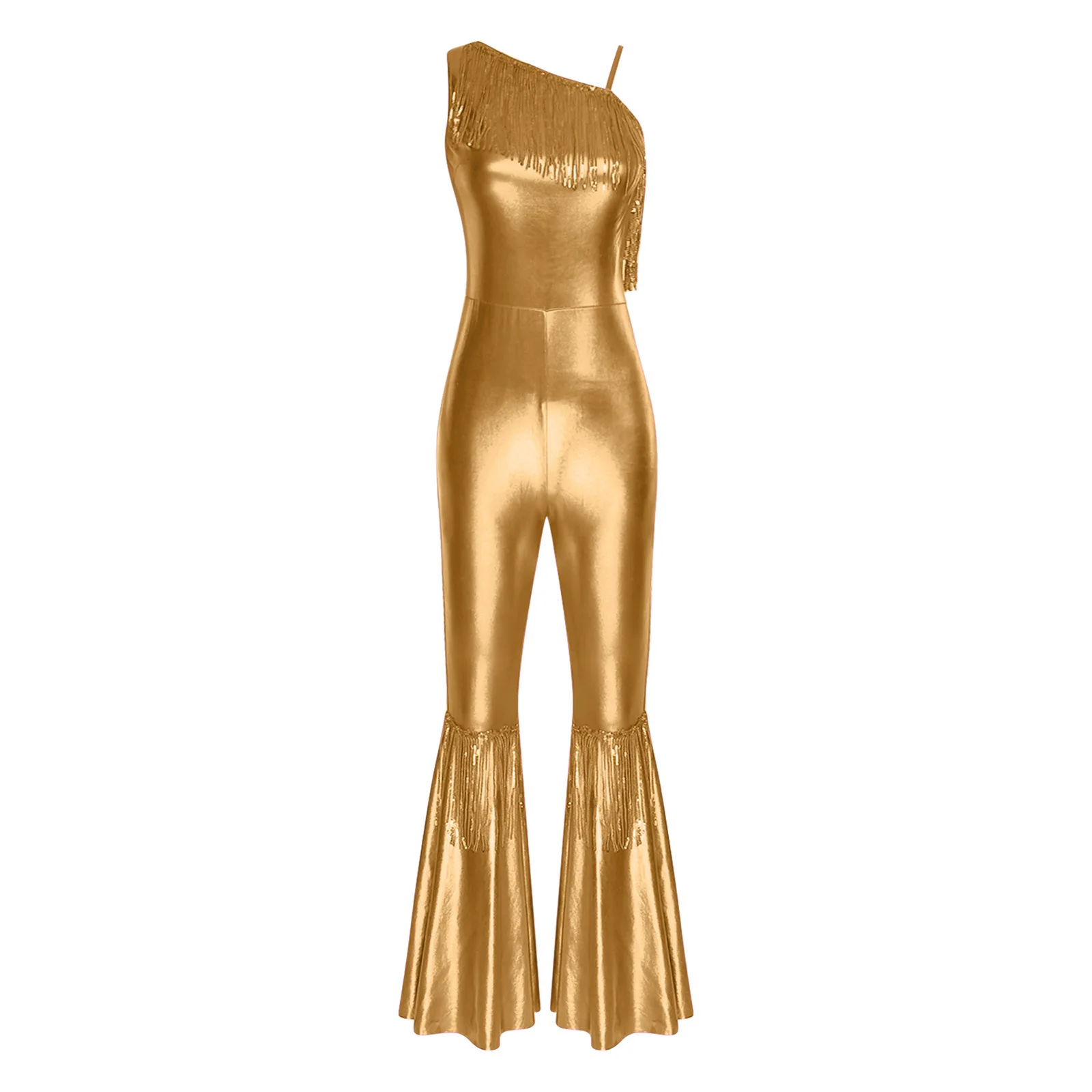 Women Metallic Shiny 70s 80s Hippie Costume Jazz Disco Dance Jumpsuit Sequin Tassels One Shoulder Bell Bottom Bodysuit Rompers
