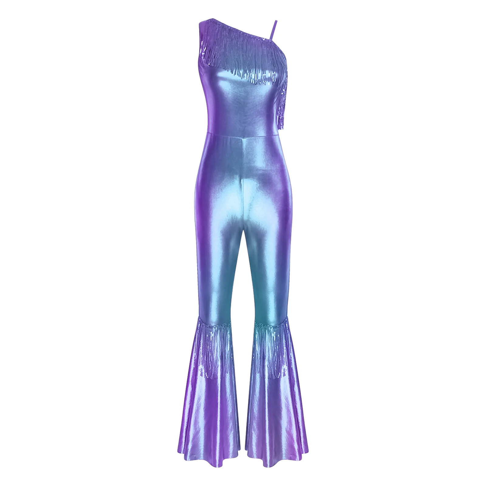Women Metallic Shiny 70s 80s Hippie Costume Jazz Disco Dance Jumpsuit Sequin Tassels One Shoulder Bell Bottom Bodysuit Rompers