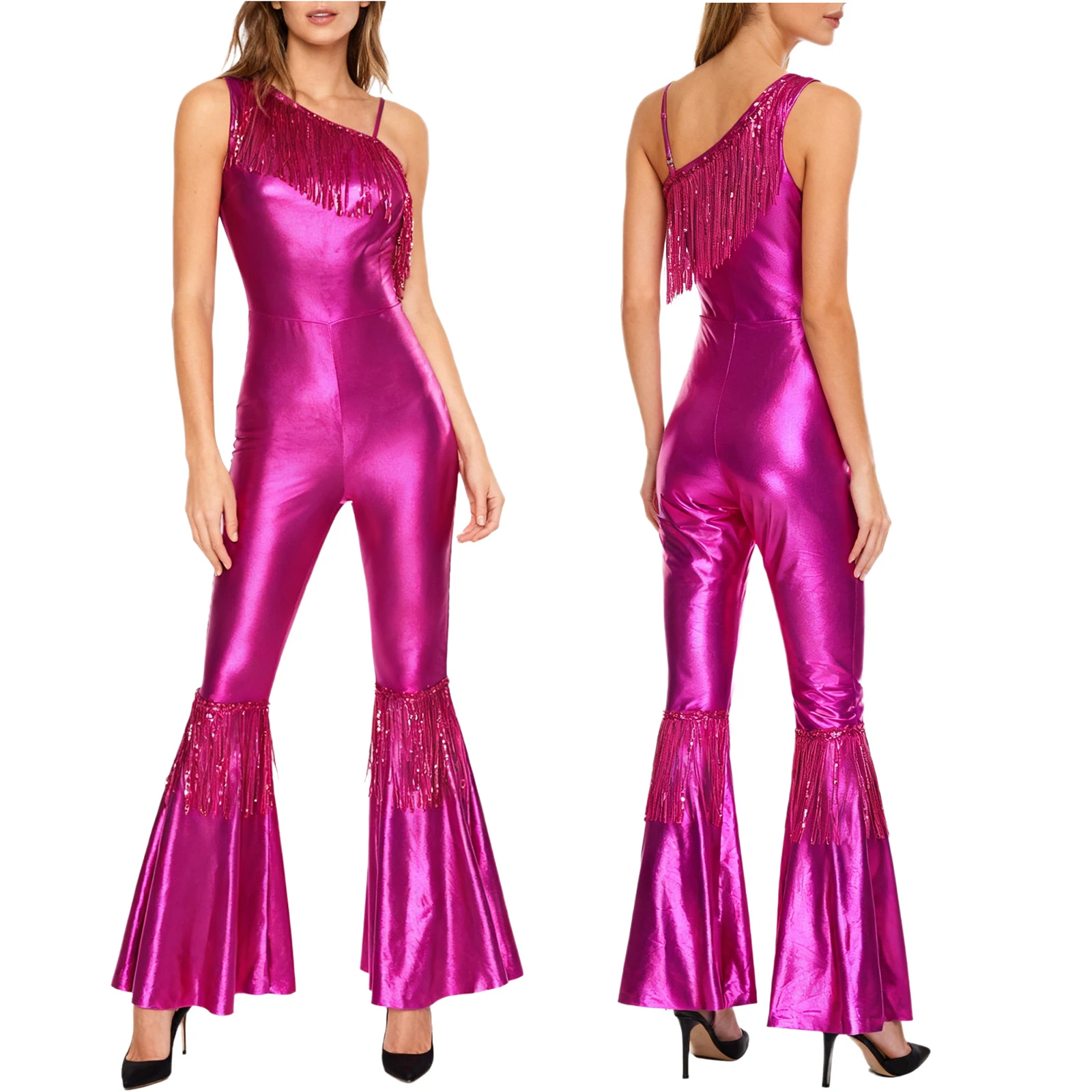 Women Metallic Shiny 70s 80s Hippie Costume Jazz Disco Dance Jumpsuit Sequin Tassels One Shoulder Bell Bottom Bodysuit Rompers