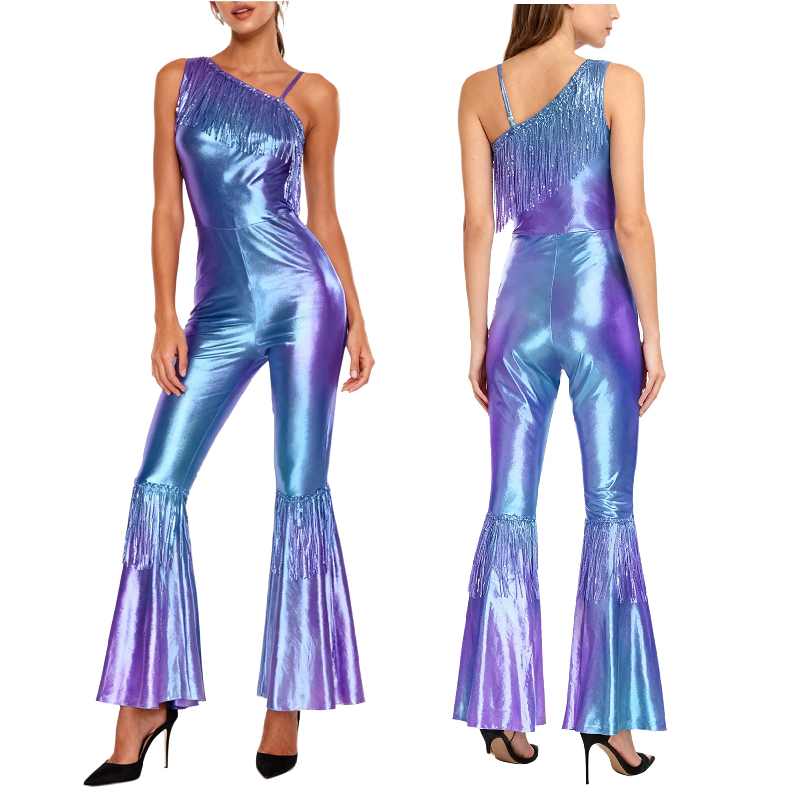 Women Metallic Shiny 70s 80s Hippie Costume Jazz Disco Dance Jumpsuit Sequin Tassels One Shoulder Bell Bottom Bodysuit Rompers