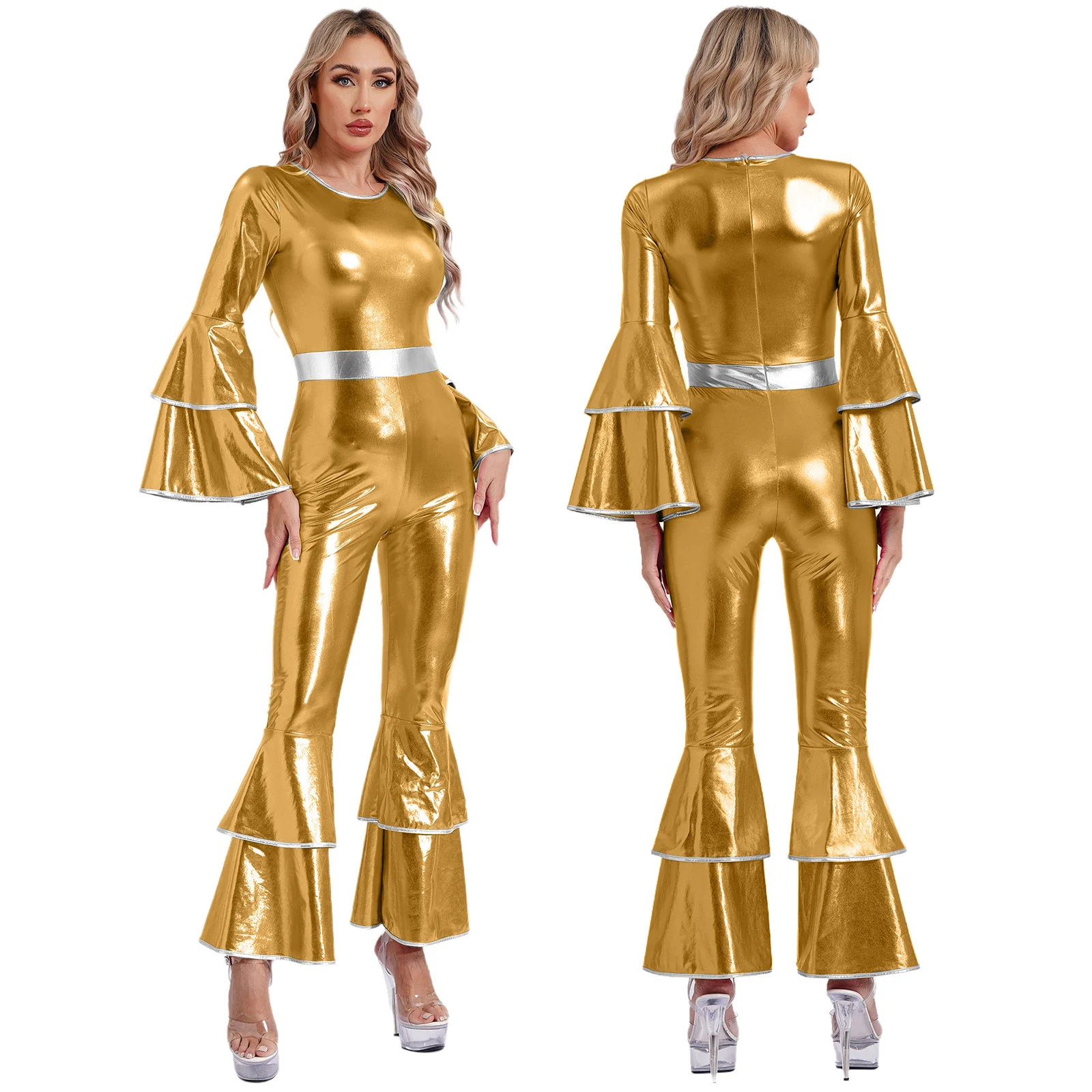 Women Metallic Shiny 70s 80s Hippie Costume Jazz Disco Dance Jumpsuit Sequin Tassels One Shoulder Bell Bottom Bodysuit Rompers