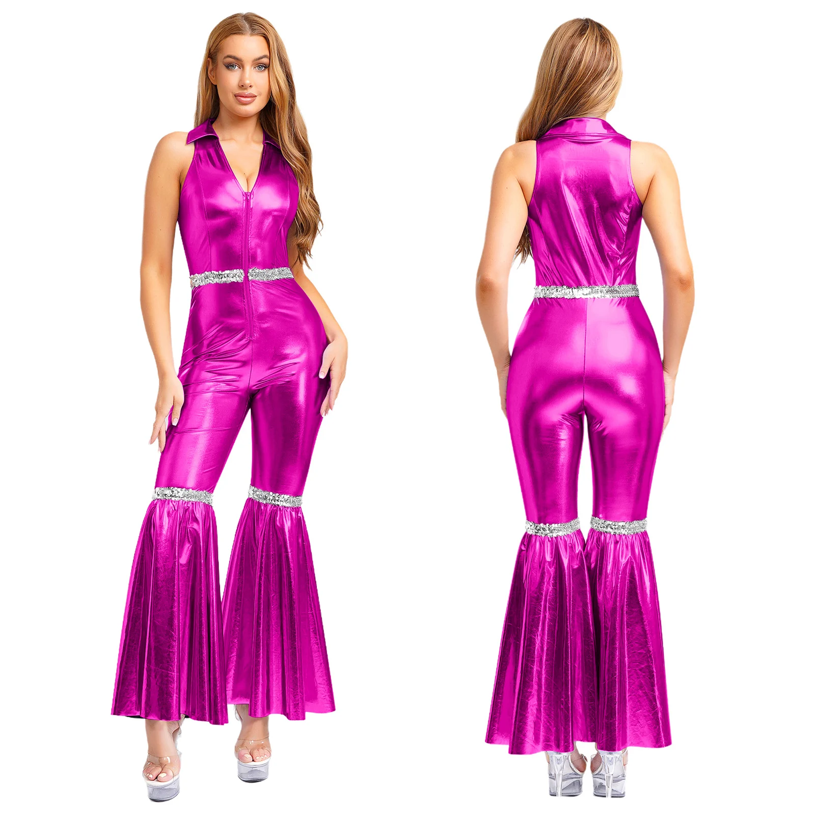 Women Metallic Shiny 70s 80s Hippie Costume Jazz Disco Dance Jumpsuit Sequin Tassels One Shoulder Bell Bottom Bodysuit Rompers