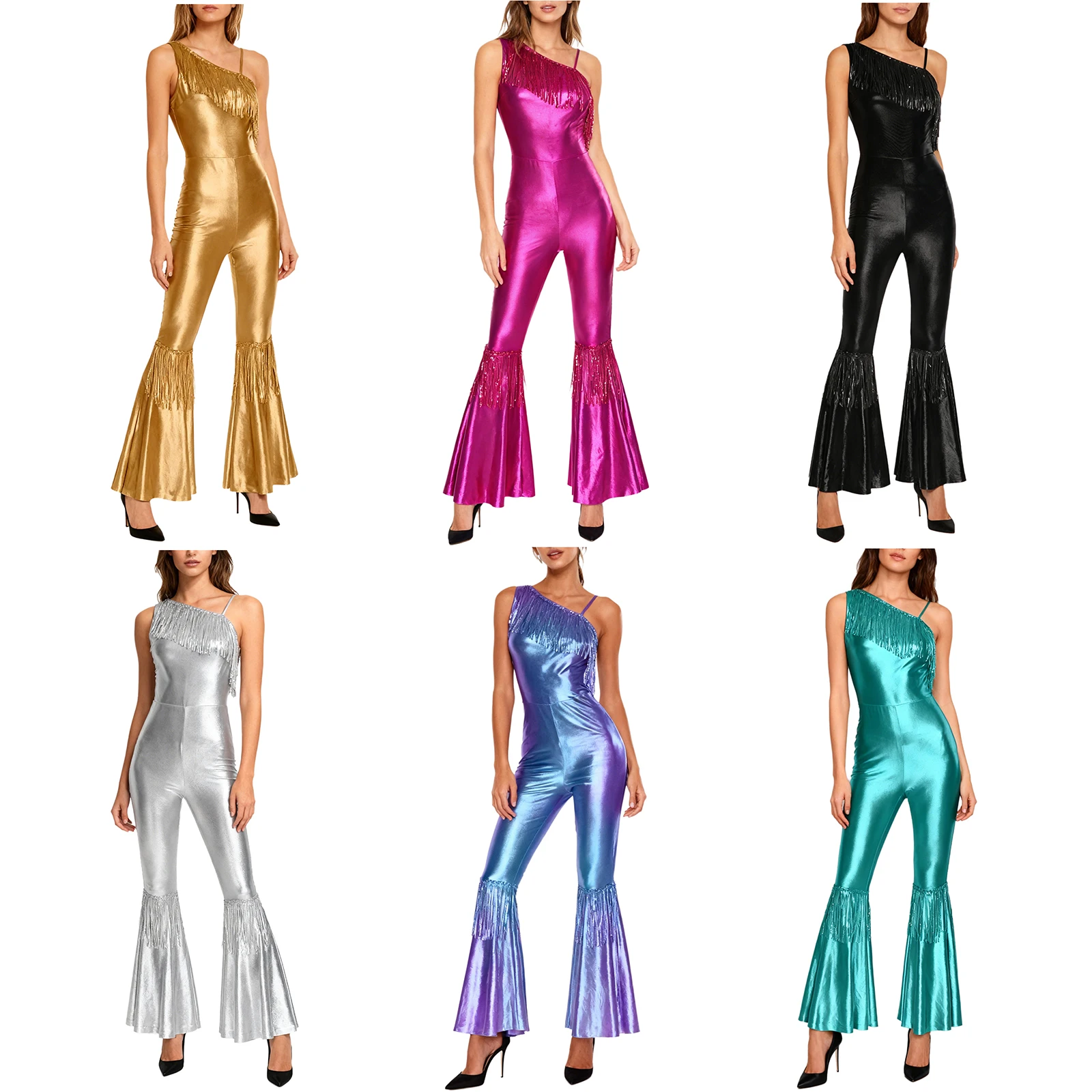 Women Metallic Shiny 70s 80s Hippie Costume Jazz Disco Dance Jumpsuit Sequin Tassels One Shoulder Bell Bottom Bodysuit Rompers