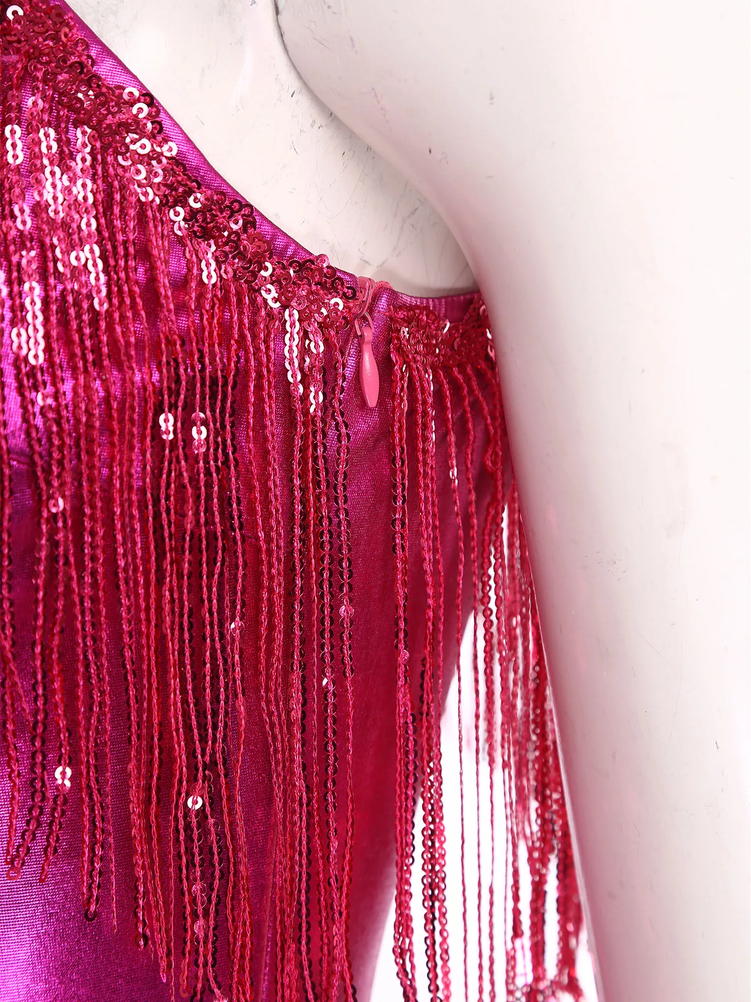 Women Metallic Shiny 70s 80s Hippie Costume Jazz Disco Dance Jumpsuit Sequin Tassels One Shoulder Bell Bottom Bodysuit Rompers