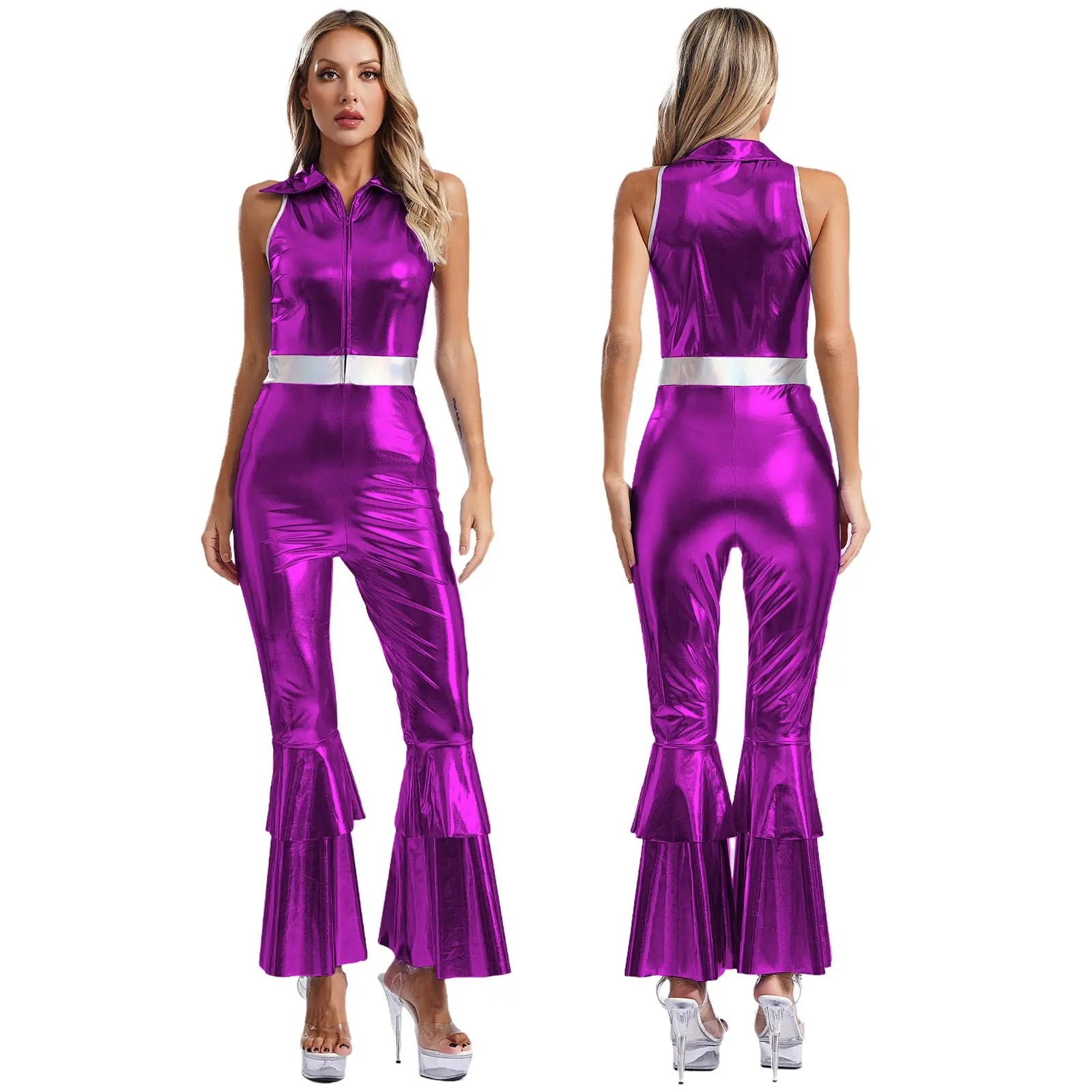 Women Metallic Shiny 70s 80s Hippie Costume Jazz Disco Dance Jumpsuit Sequin Tassels One Shoulder Bell Bottom Bodysuit Rompers