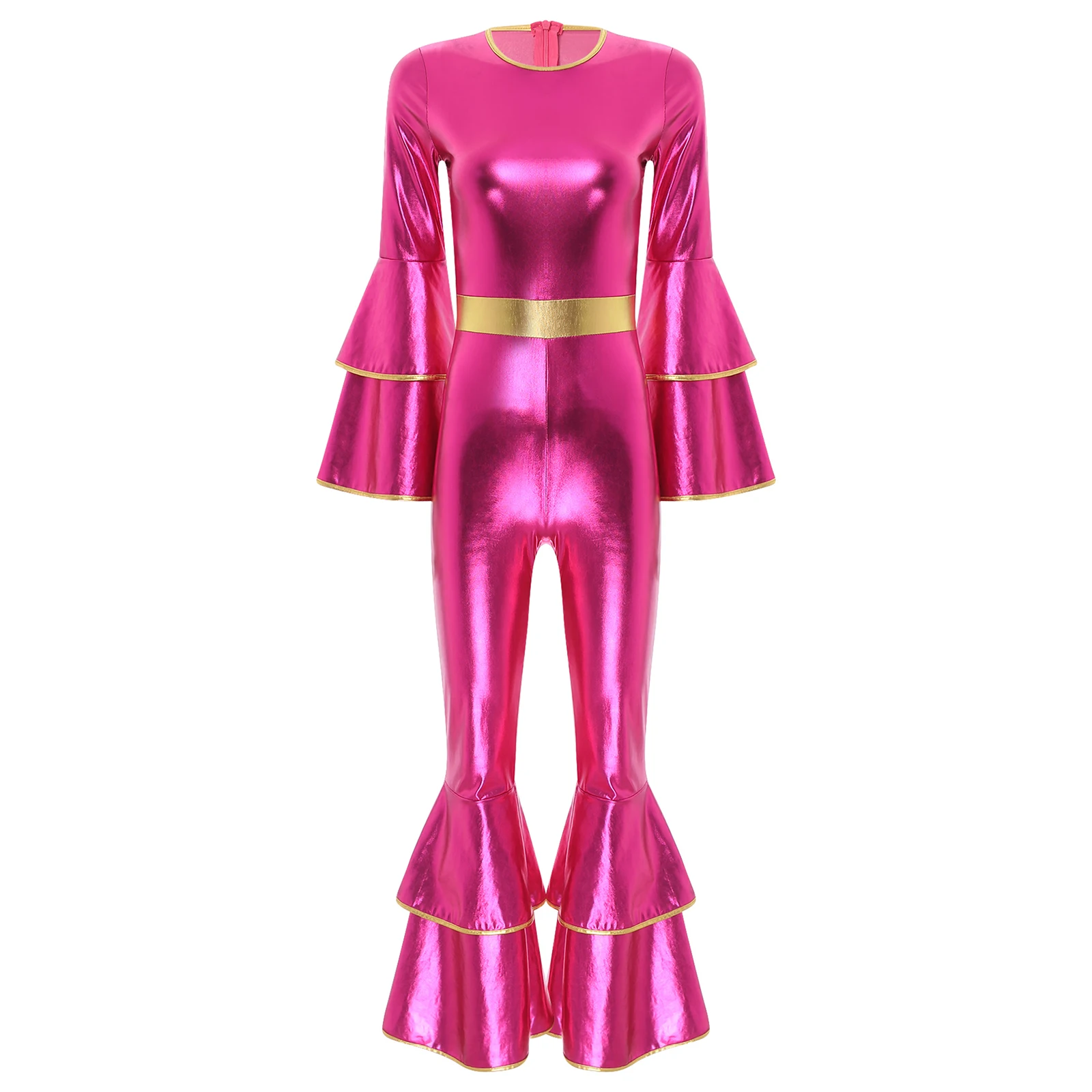 Women Metallic Shiny 70s 80s Hippie Costume Jazz Disco Dance Jumpsuit Sequin Tassels One Shoulder Bell Bottom Bodysuit Rompers