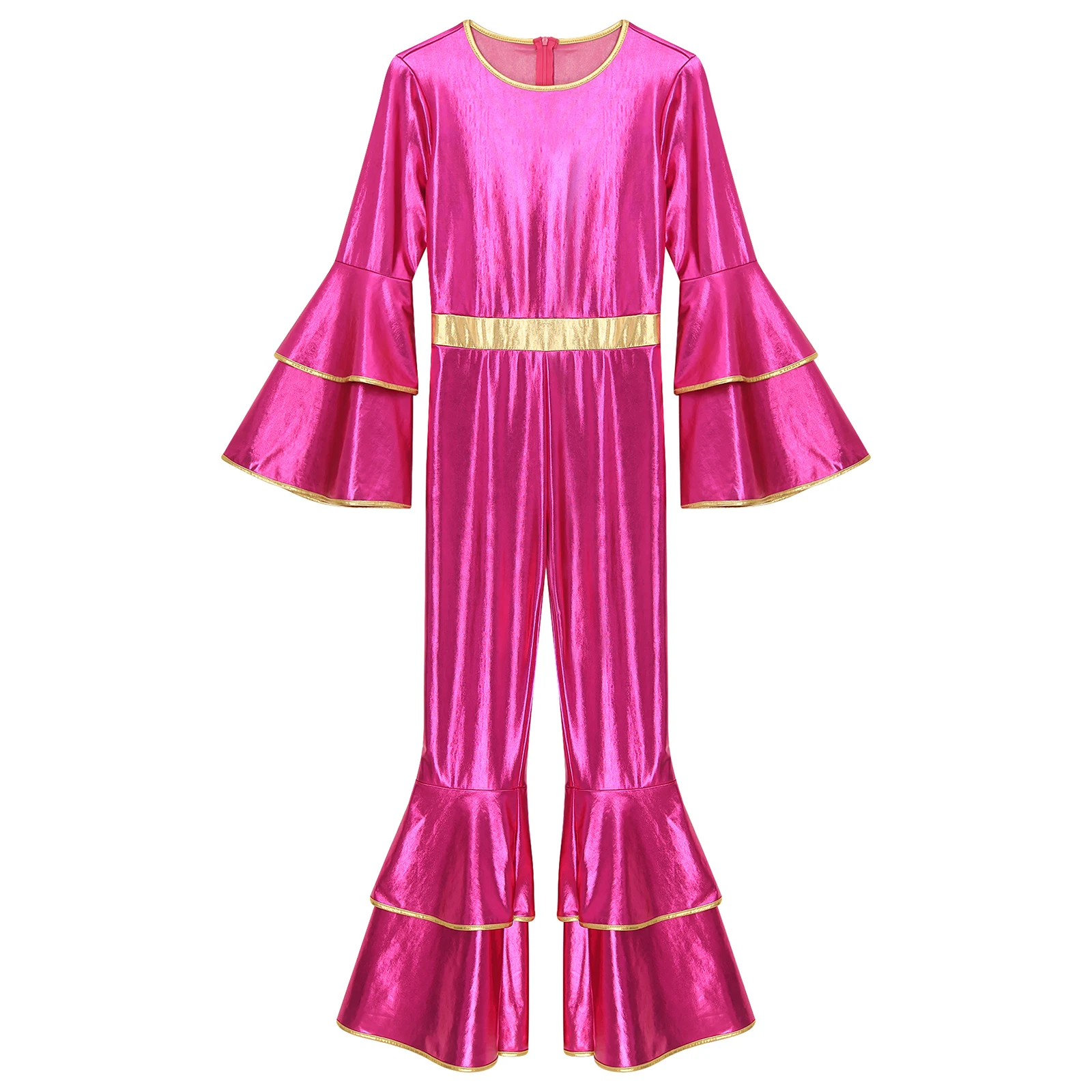 Women Metallic Shiny 70s 80s Hippie Costume Jazz Disco Dance Jumpsuit Sequin Tassels One Shoulder Bell Bottom Bodysuit Rompers