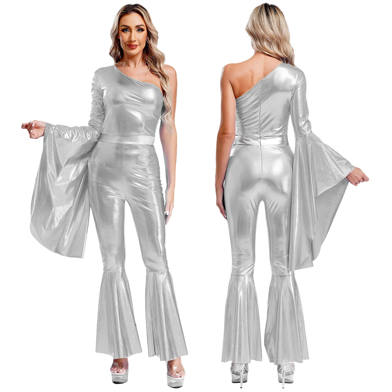 Women Metallic Shiny 70s 80s Hippie Costume Jazz Disco Dance Jumpsuit Sequin Tassels One Shoulder Bell Bottom Bodysuit Rompers