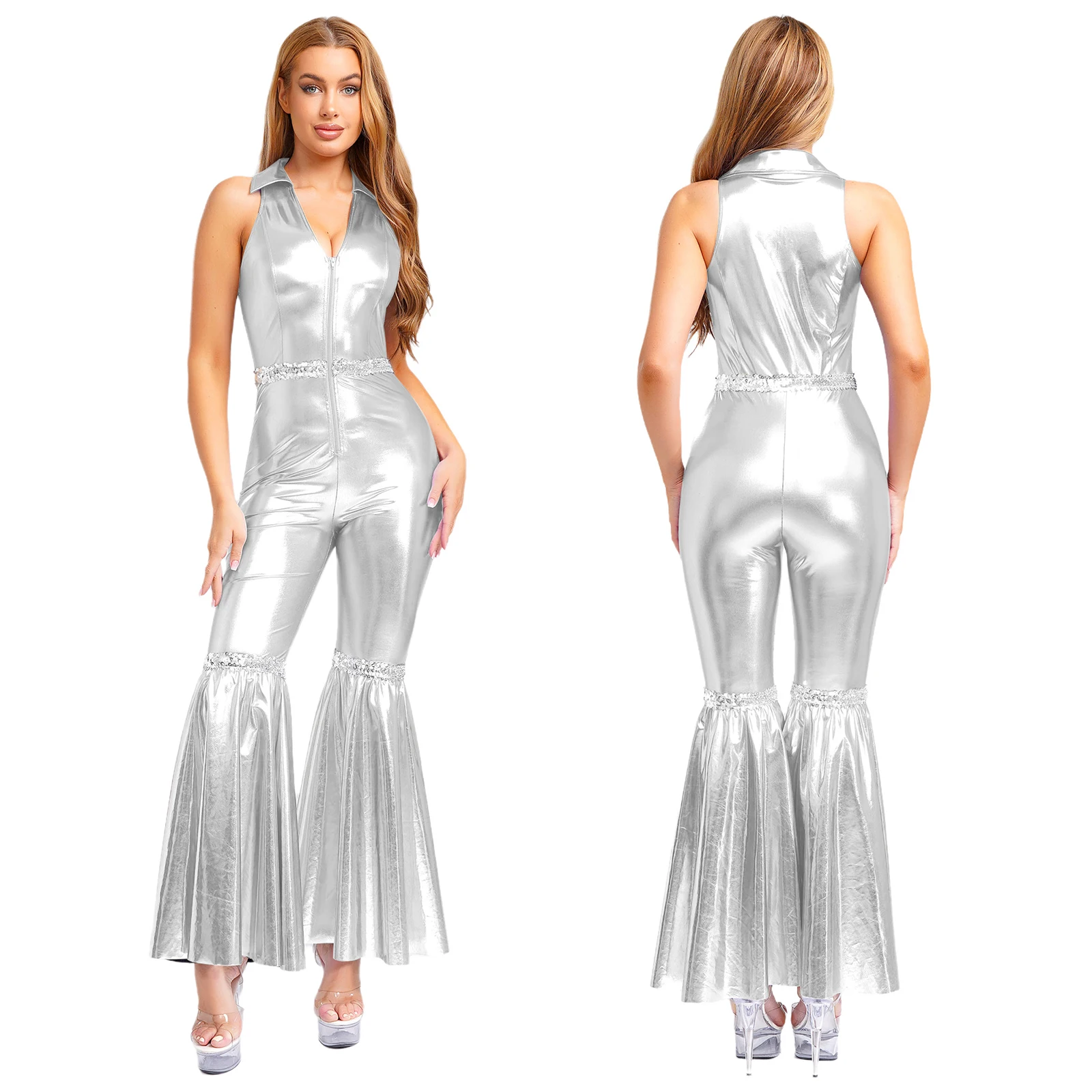 Women Metallic Shiny 70s 80s Hippie Costume Jazz Disco Dance Jumpsuit Sequin Tassels One Shoulder Bell Bottom Bodysuit Rompers
