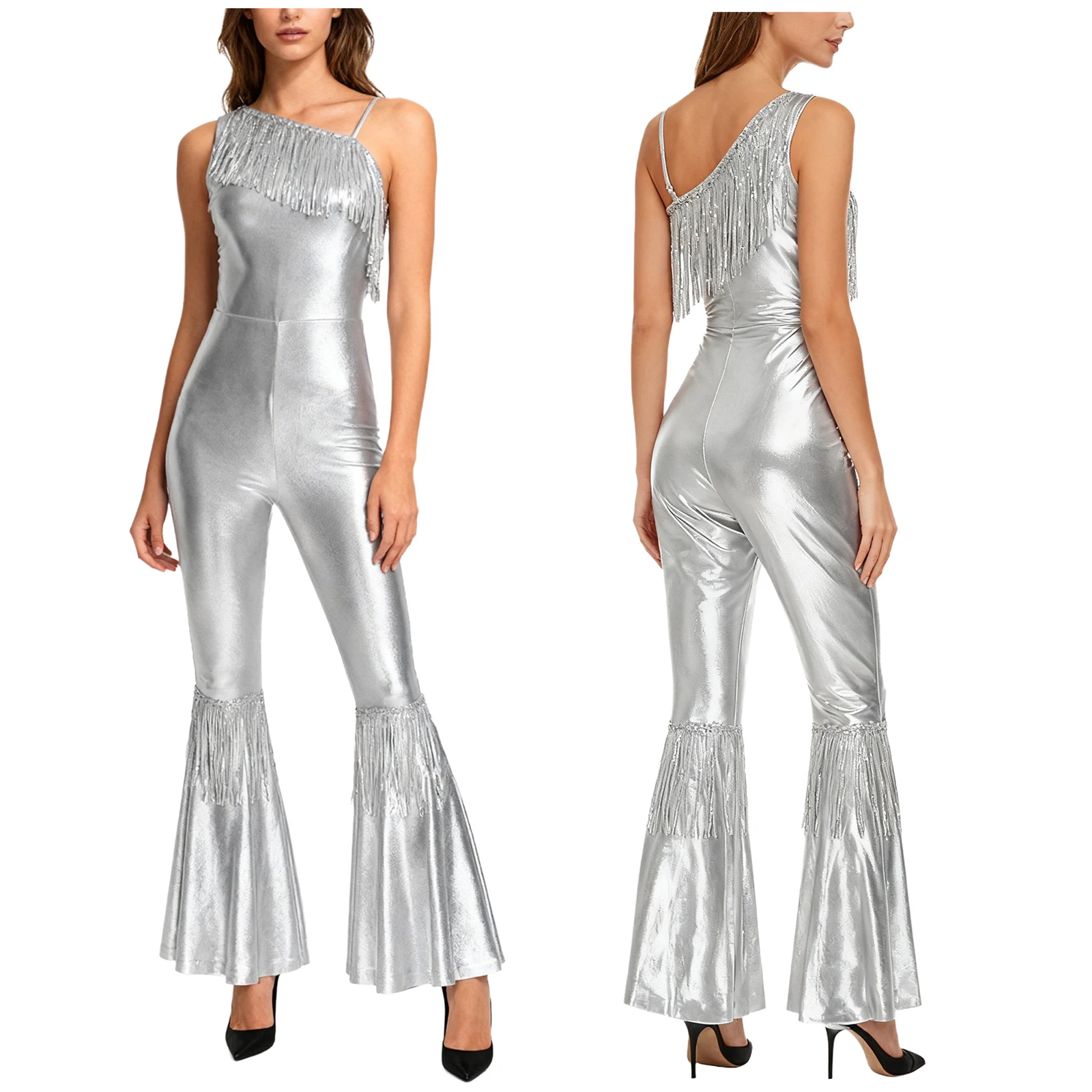 Women Metallic Shiny 70s 80s Hippie Costume Jazz Disco Dance Jumpsuit Sequin Tassels One Shoulder Bell Bottom Bodysuit Rompers