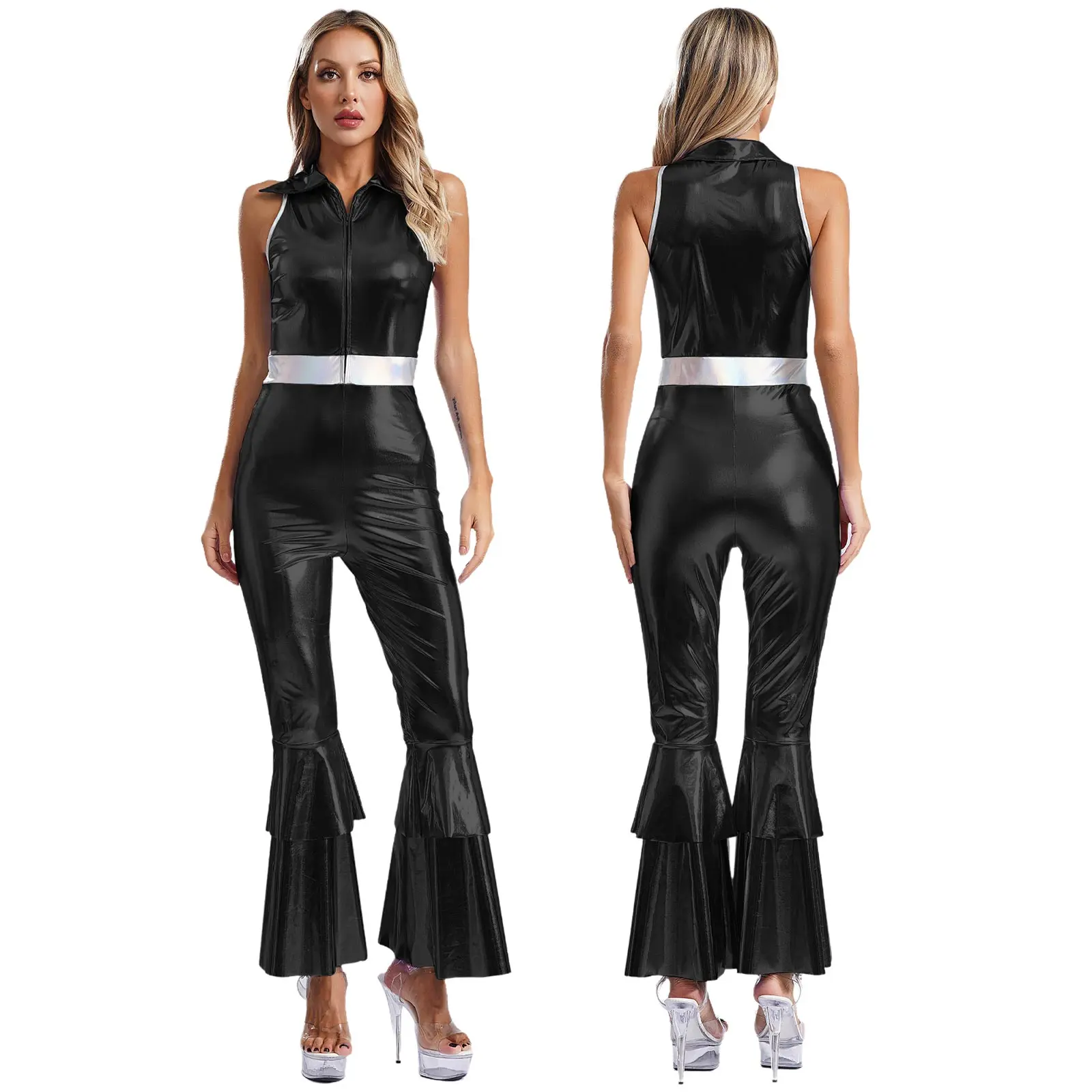Women Metallic Shiny 70s 80s Hippie Costume Jazz Disco Dance Jumpsuit Sequin Tassels One Shoulder Bell Bottom Bodysuit Rompers