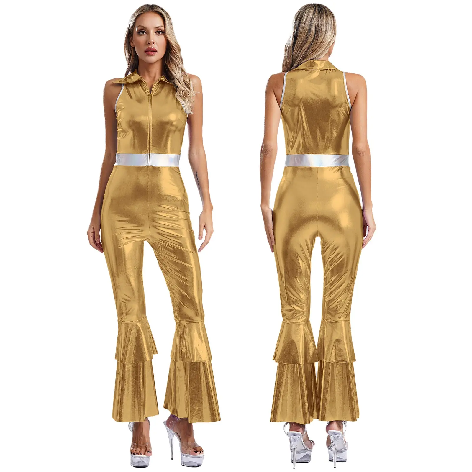 Women Metallic Shiny 70s 80s Hippie Costume Jazz Disco Dance Jumpsuit Sequin Tassels One Shoulder Bell Bottom Bodysuit Rompers