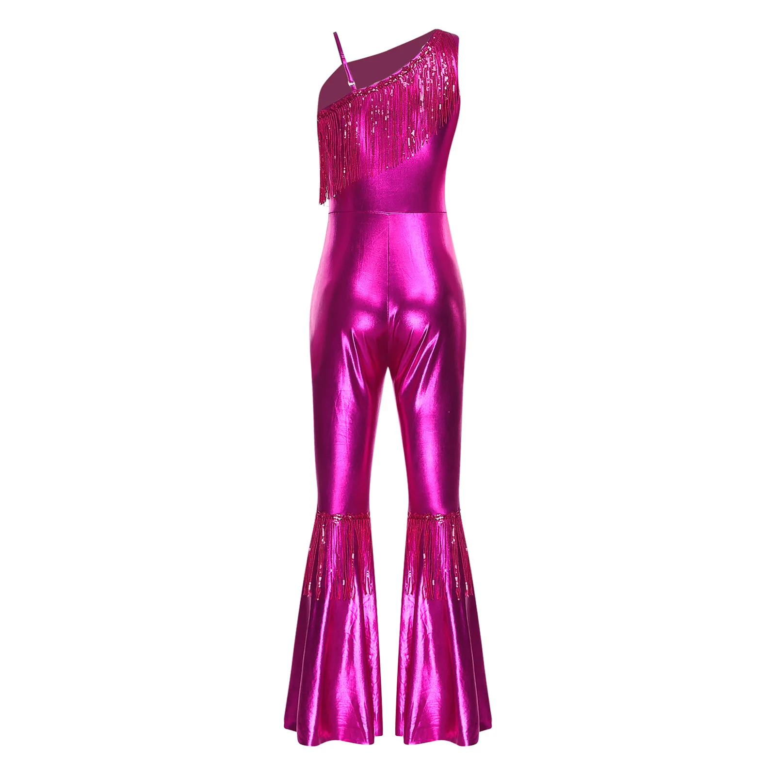 Women Metallic Shiny 70s 80s Hippie Costume Jazz Disco Dance Jumpsuit Sequin Tassels One Shoulder Bell Bottom Bodysuit Rompers