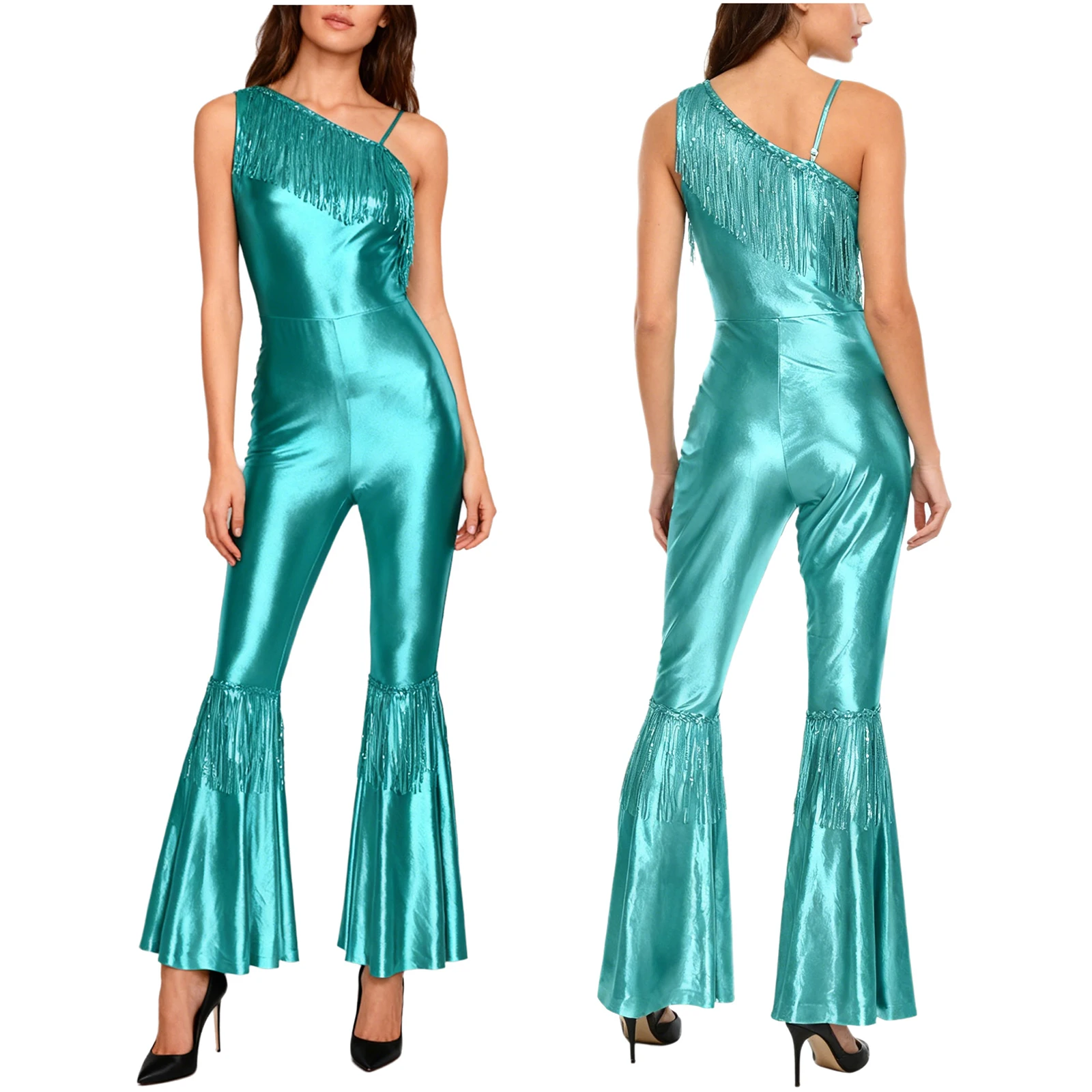 Women Metallic Shiny 70s 80s Hippie Costume Jazz Disco Dance Jumpsuit Sequin Tassels One Shoulder Bell Bottom Bodysuit Rompers