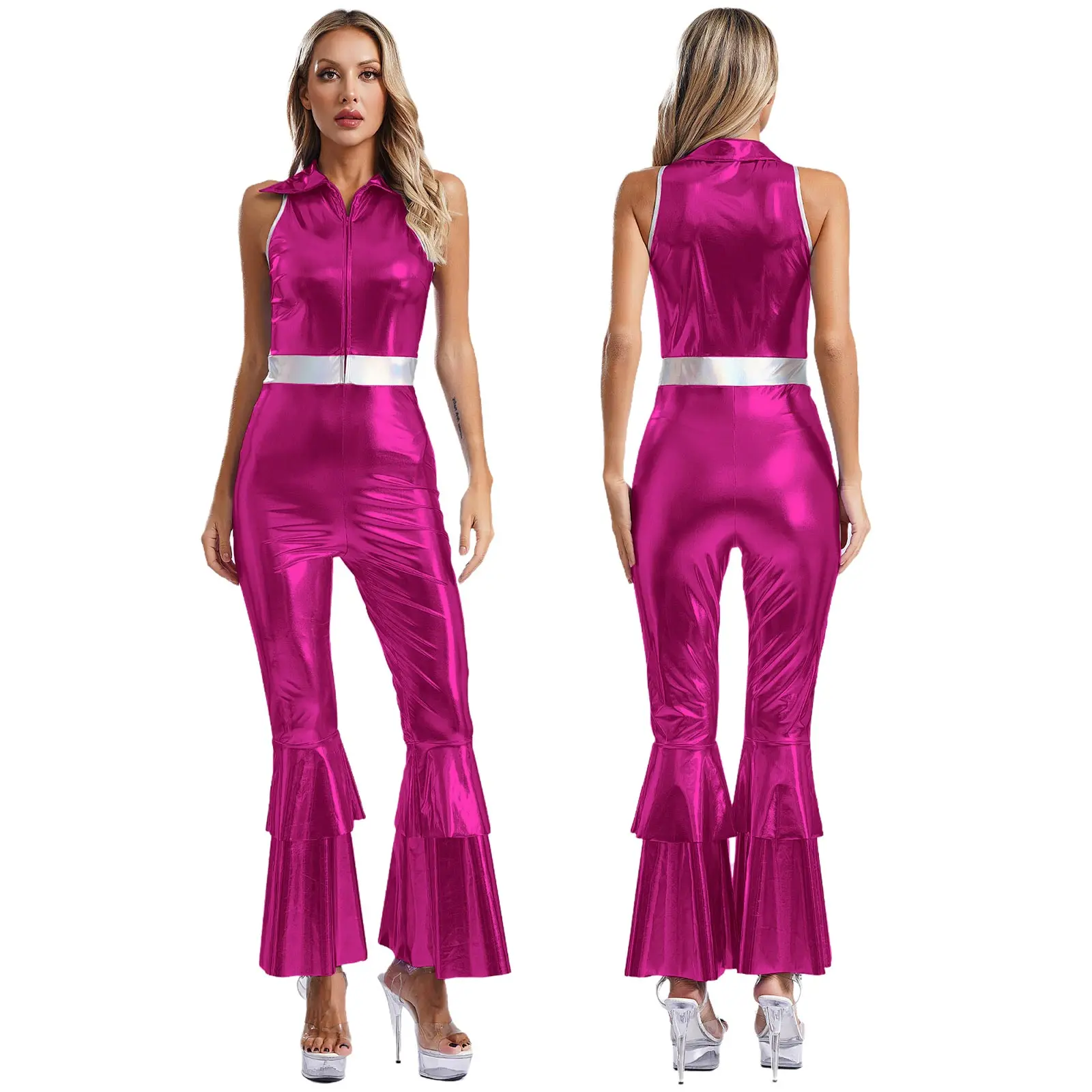 Women Metallic Shiny 70s 80s Hippie Costume Jazz Disco Dance Jumpsuit Sequin Tassels One Shoulder Bell Bottom Bodysuit Rompers