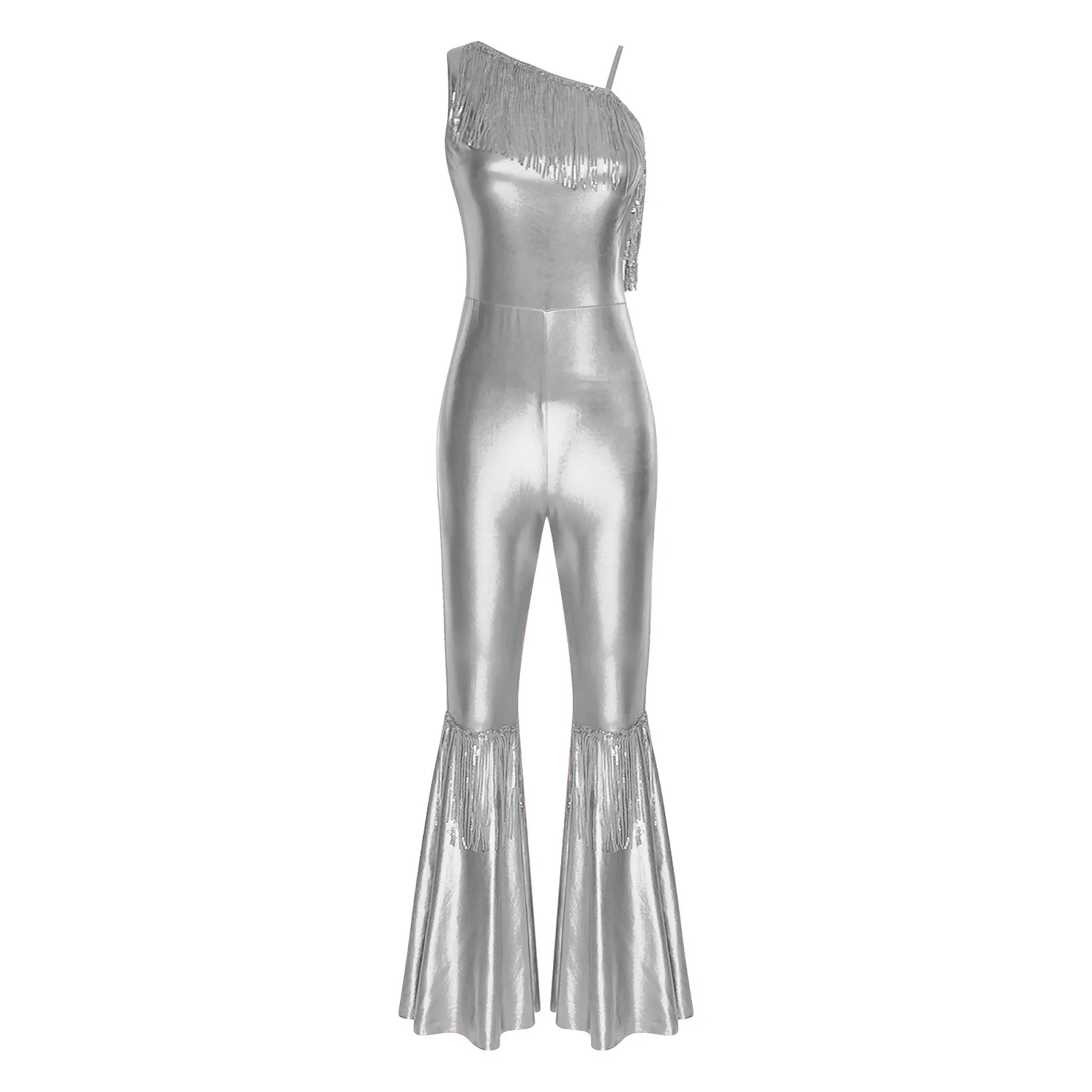 Women Metallic Shiny 70s 80s Hippie Costume Jazz Disco Dance Jumpsuit Sequin Tassels One Shoulder Bell Bottom Bodysuit Rompers