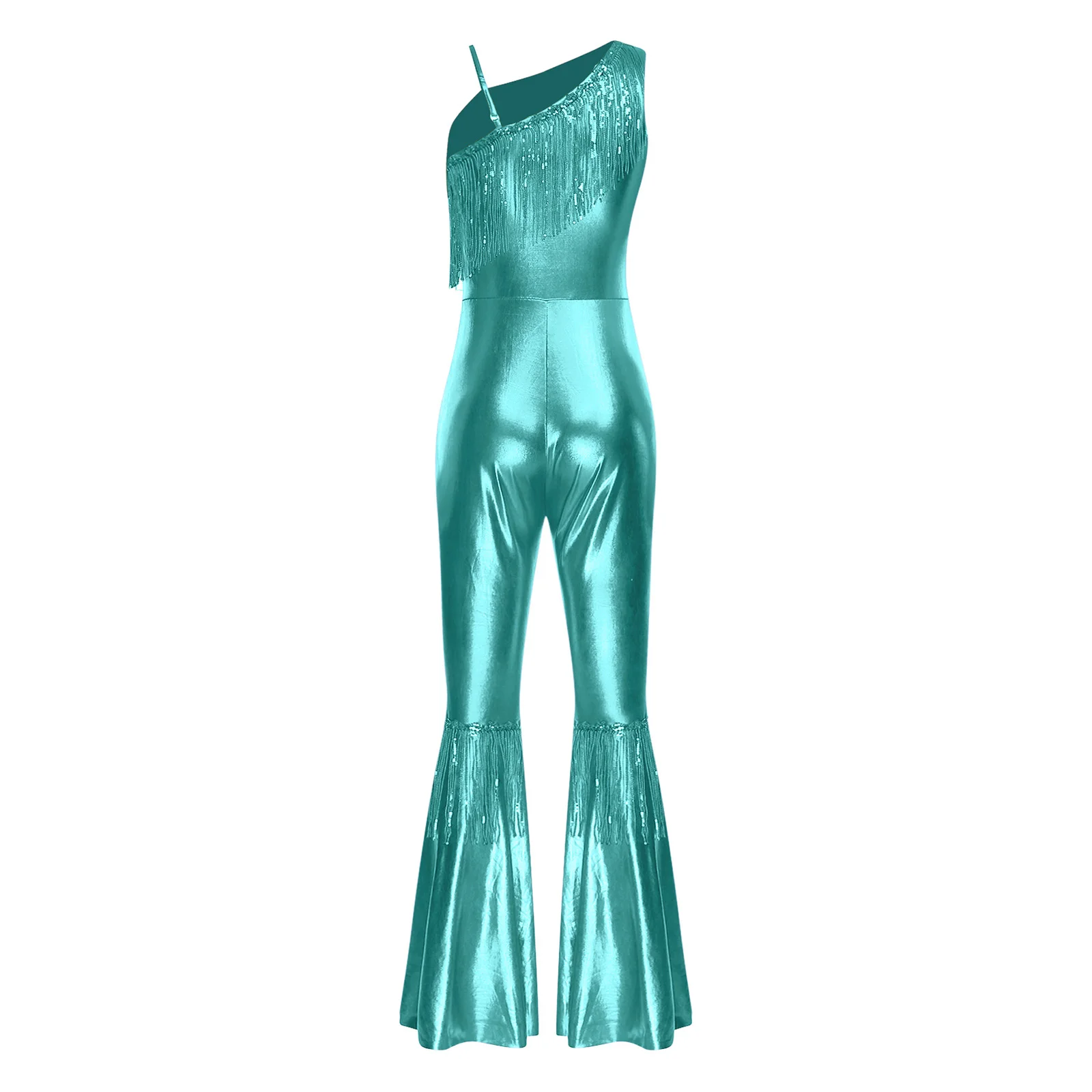 Women Metallic Shiny 70s 80s Hippie Costume Jazz Disco Dance Jumpsuit Sequin Tassels One Shoulder Bell Bottom Bodysuit Rompers