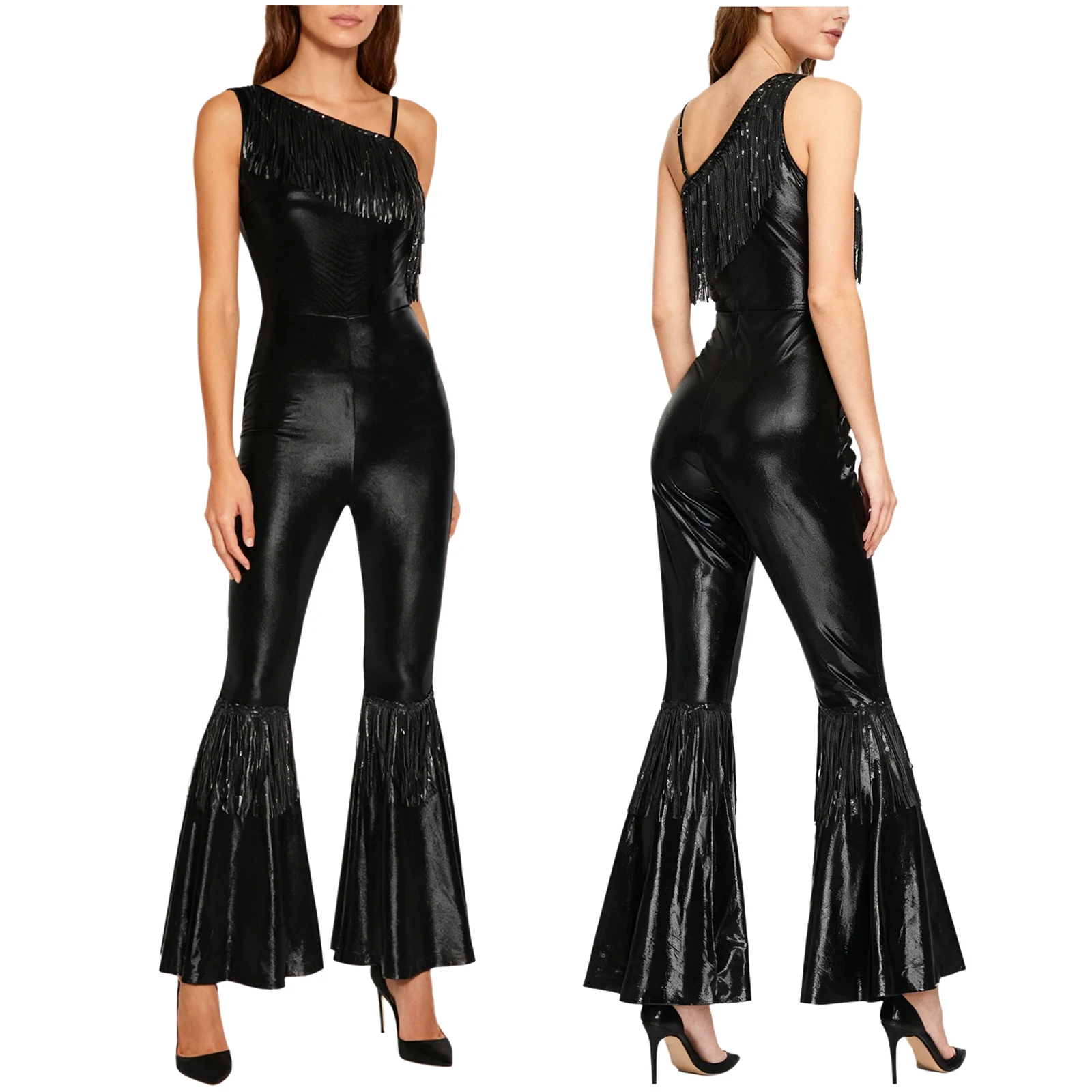 Women Metallic Shiny 70s 80s Hippie Costume Jazz Disco Dance Jumpsuit Sequin Tassels One Shoulder Bell Bottom Bodysuit Rompers