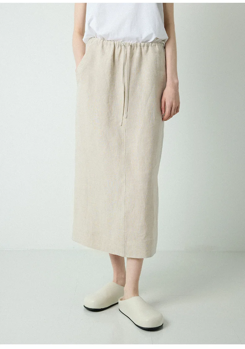 100% Linen Women's Drawstring Straight Skirt Spring/Summer New Arrival Elastic Waist Simple Casual Loose Woman Back Split Skirts