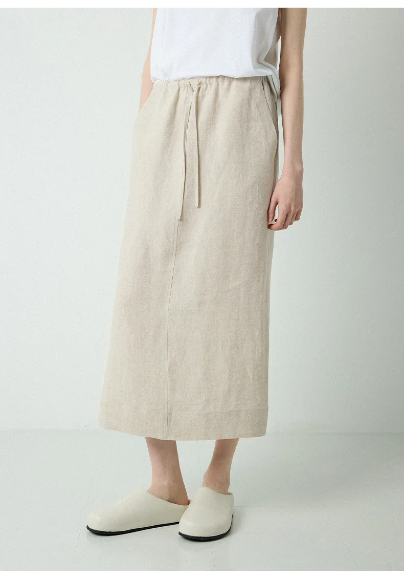 100% Linen Women's Drawstring Straight Skirt Spring/Summer New Arrival Elastic Waist Simple Casual Loose Woman Back Split Skirts