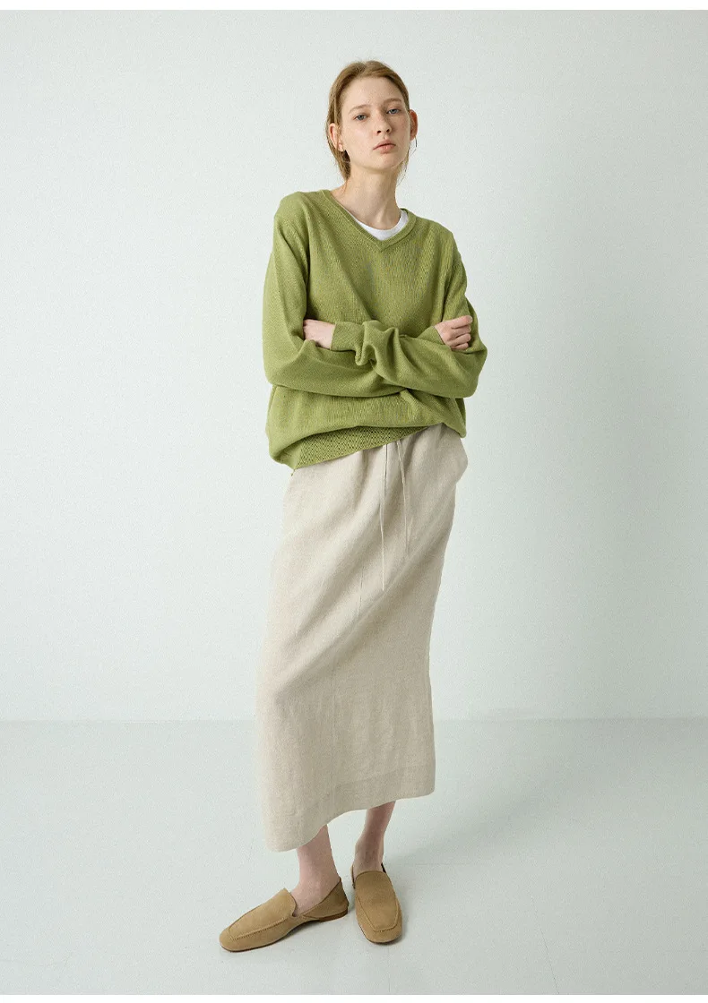 100% Linen Women's Drawstring Straight Skirt Spring/Summer New Arrival Elastic Waist Simple Casual Loose Woman Back Split Skirts