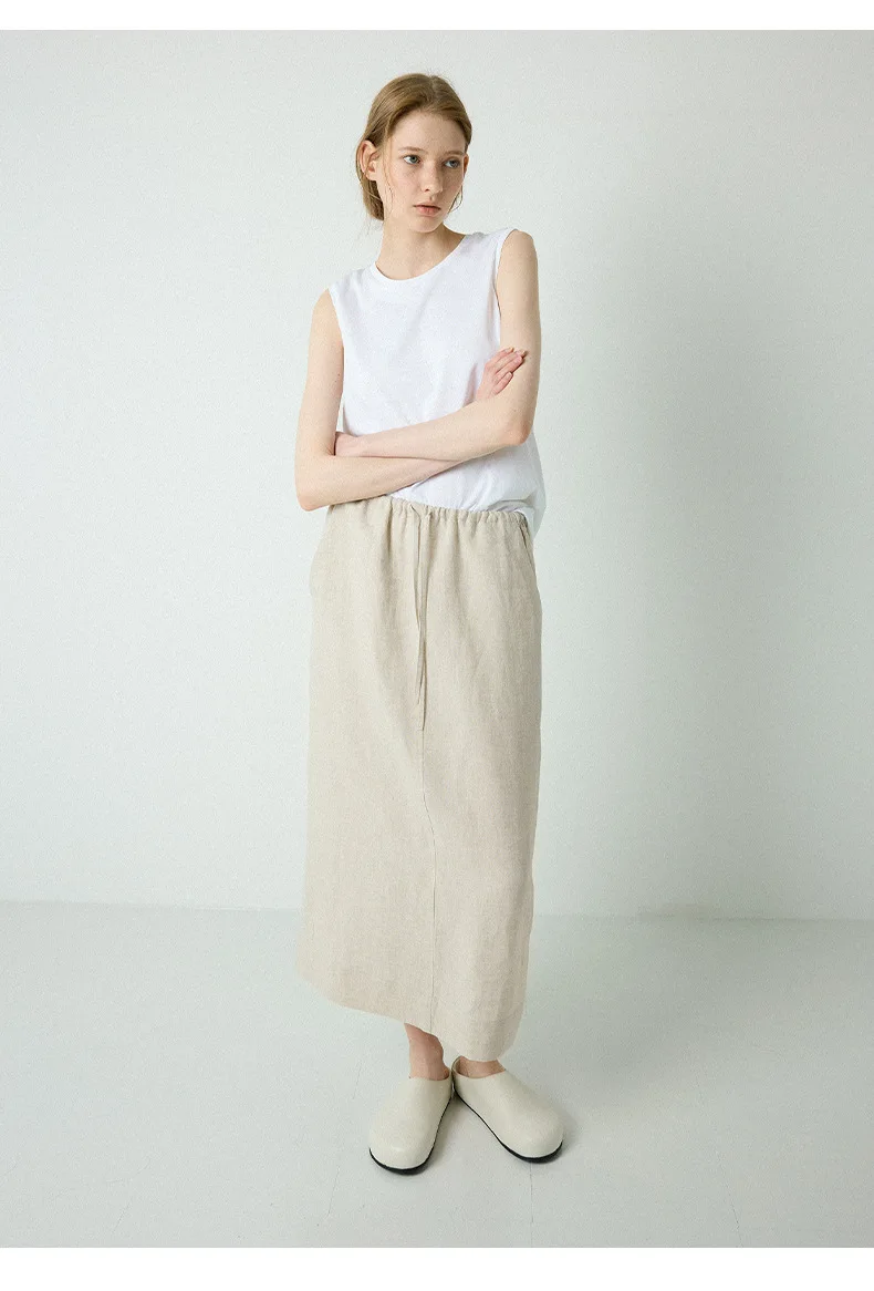 100% Linen Women's Drawstring Straight Skirt Spring/Summer New Arrival Elastic Waist Simple Casual Loose Woman Back Split Skirts