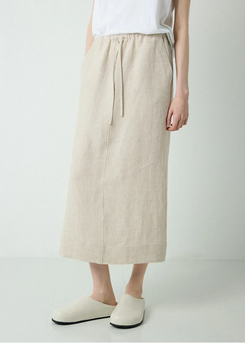 100% Linen Women's Drawstring Straight Skirt Spring/Summer New Arrival Elastic Waist Simple Casual Loose Woman Back Split Skirts