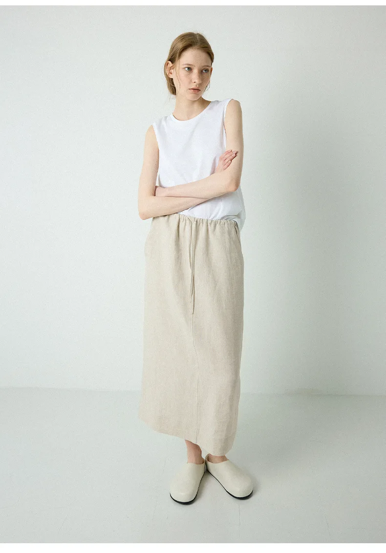100% Linen Women's Drawstring Straight Skirt Spring/Summer New Arrival Elastic Waist Simple Casual Loose Woman Back Split Skirts