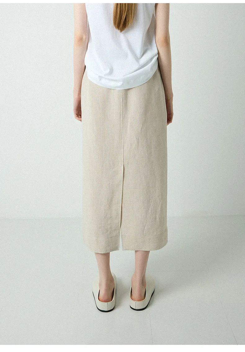 100% Linen Women's Drawstring Straight Skirt Spring/Summer New Arrival Elastic Waist Simple Casual Loose Woman Back Split Skirts